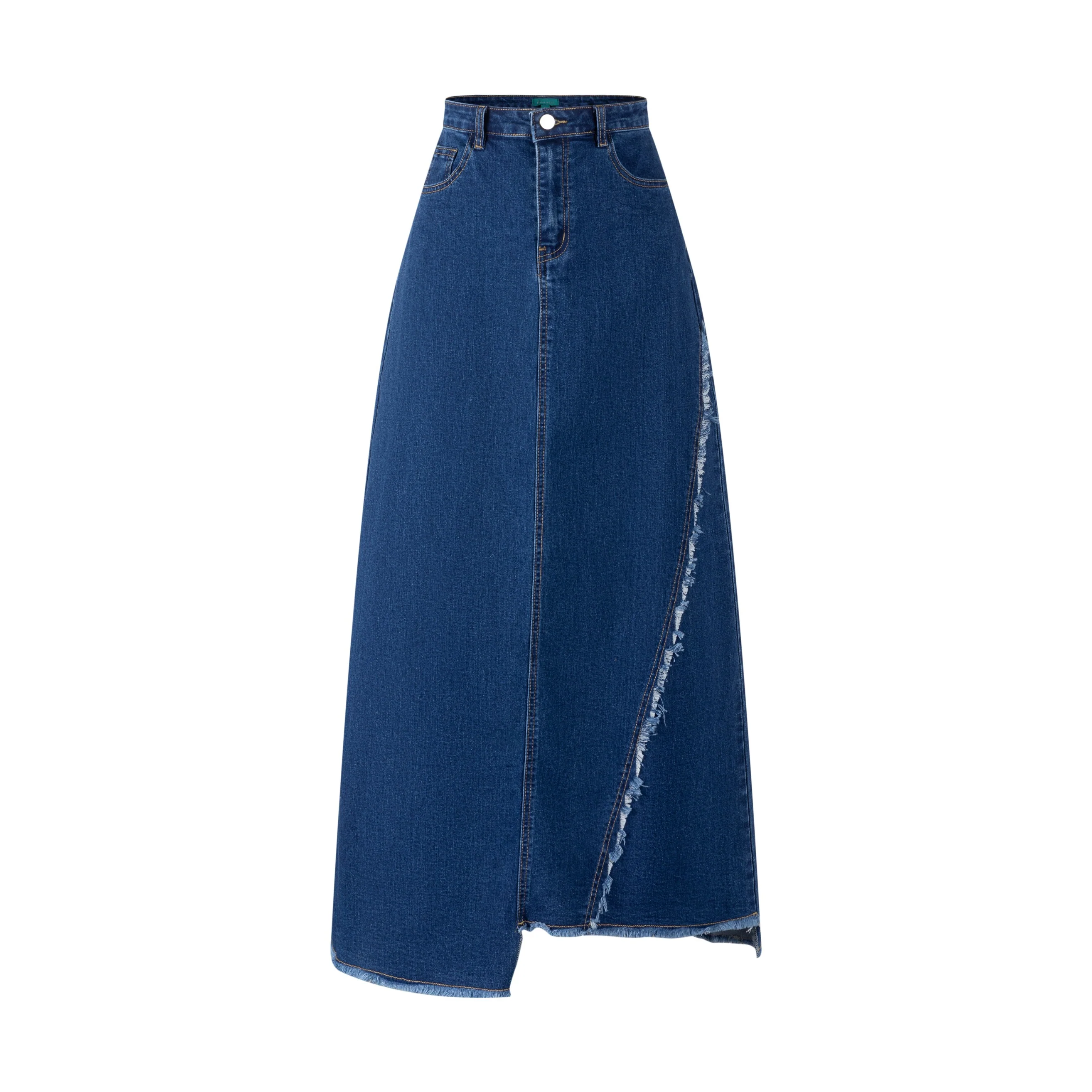 Side Frayed Denim Skirt - Blue Denim - Image 2