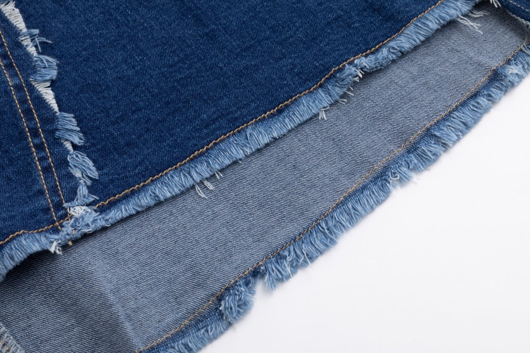 Side Frayed Denim Skirt - Blue Denim - Image 6