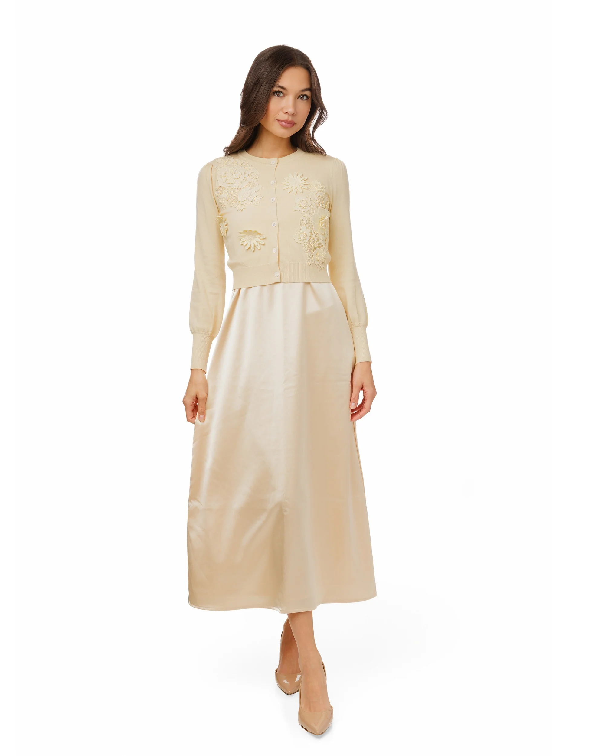 Slip Dress With Knit Cardigan - Pale Yellow