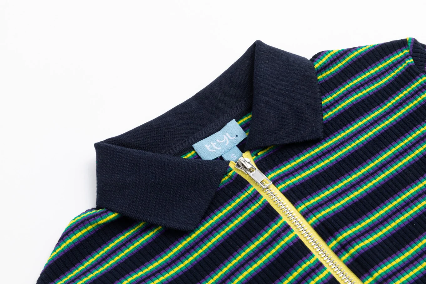 Striped Ribbed Polo T-Shirt - Navy/Yellow - Image 7