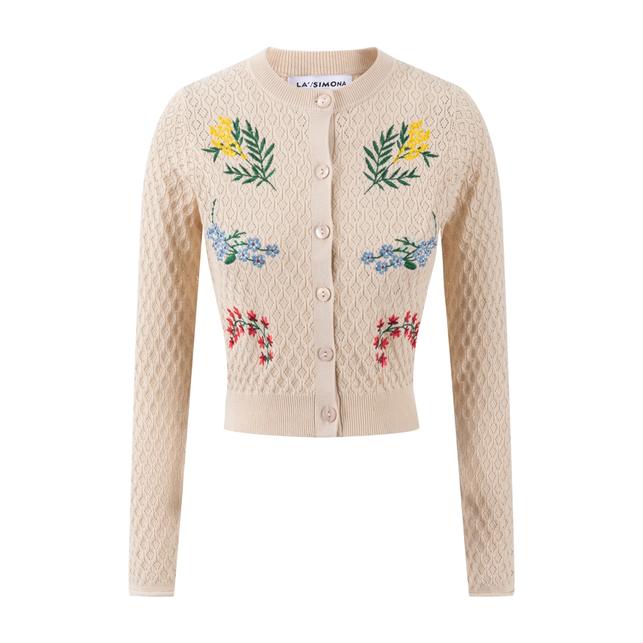 Tan Knit Textured Cardigan With Embroidered Flowers - Image 3
