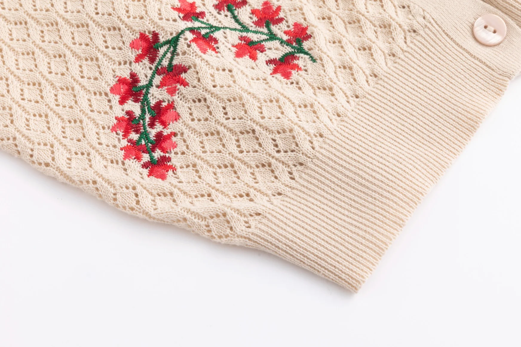 Tan Knit Textured Cardigan With Embroidered Flowers - Image 6