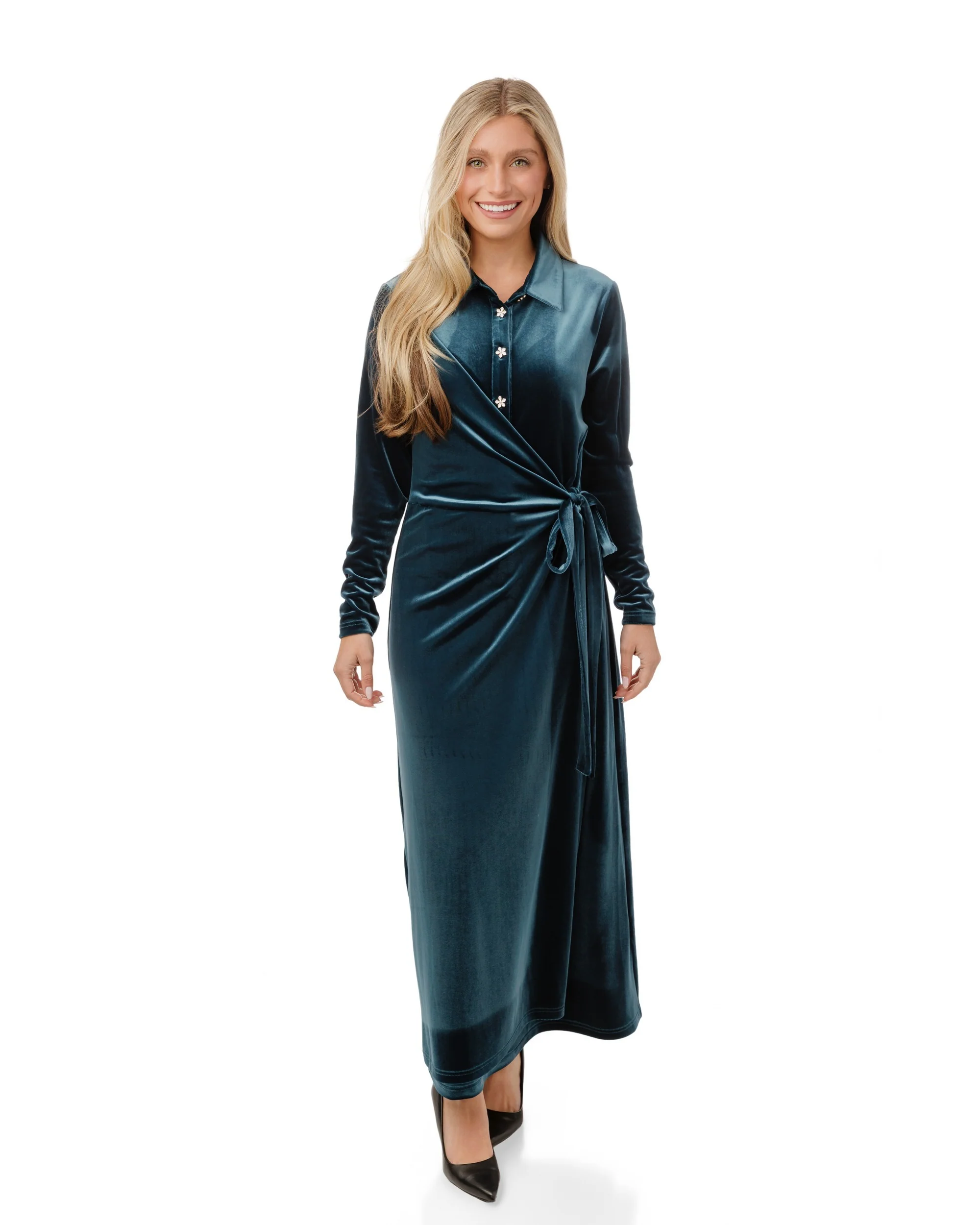 Teal Velvet Dress With Floral Button Detail