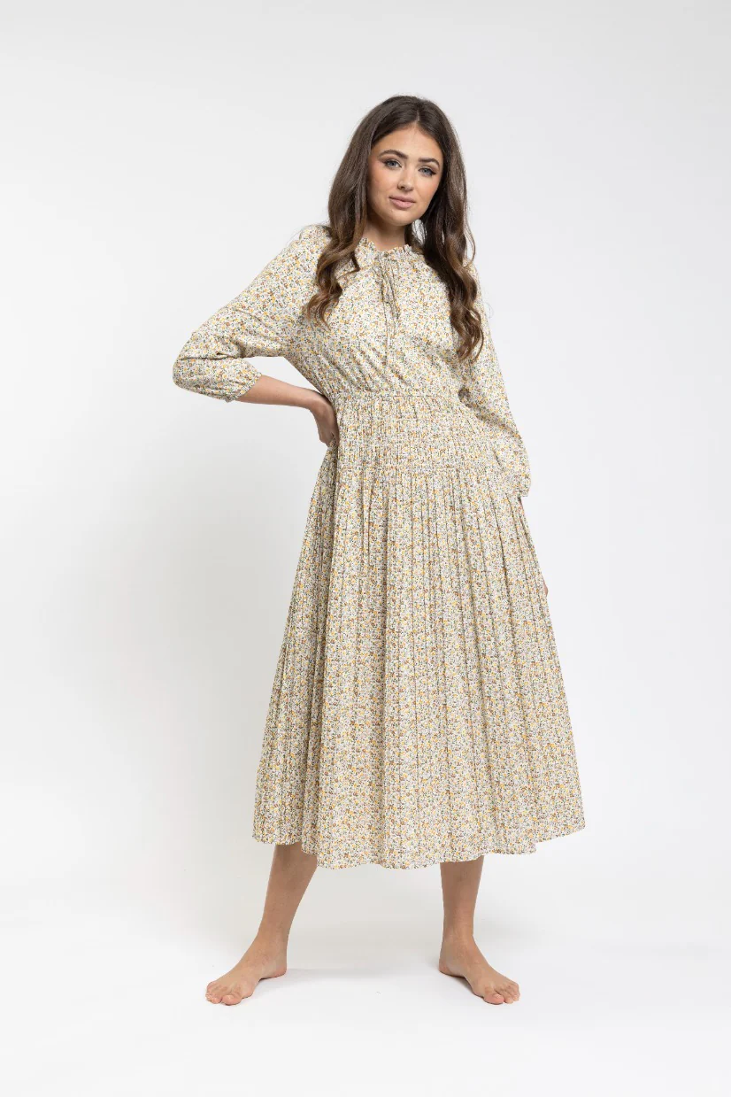 Yellow Liberty Floral Print Dress With Micro Pleated Bottom And Smocked Waist - Image 2