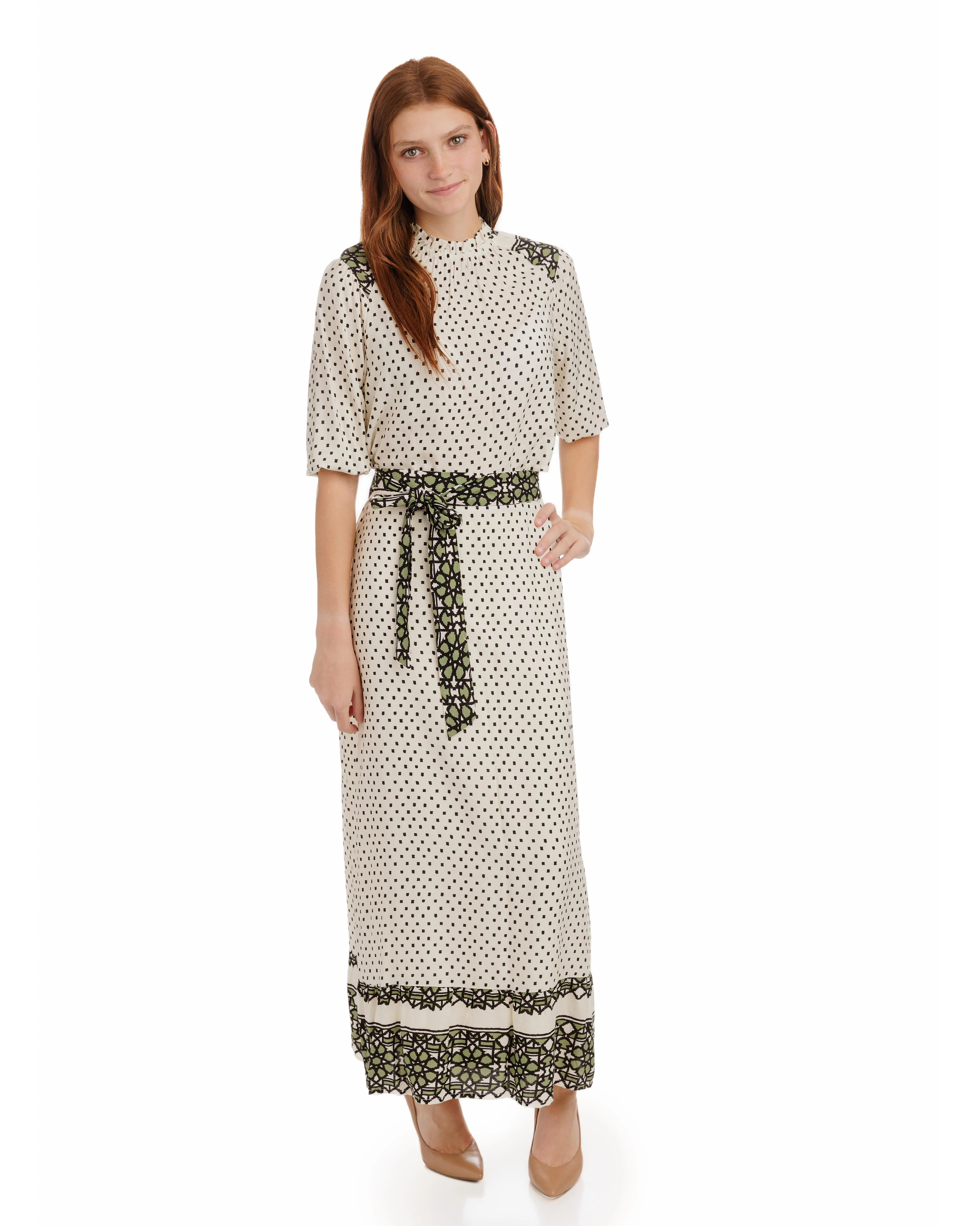 White Base Green Geometric Print Top