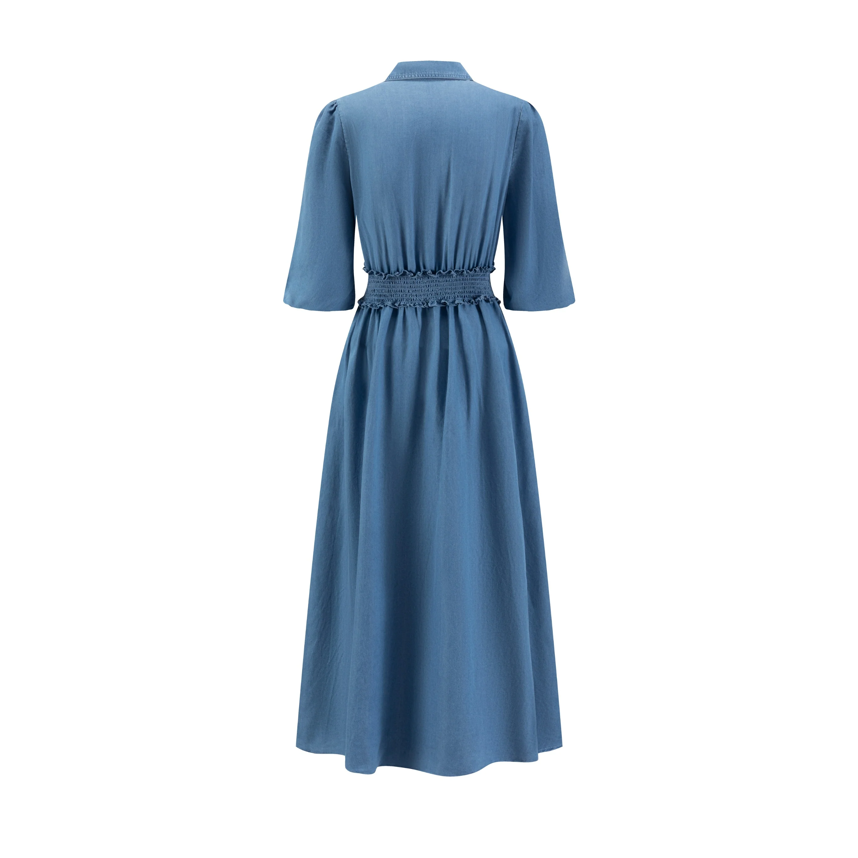 Blue Smocking Waisted Shirt Dress - Image 3