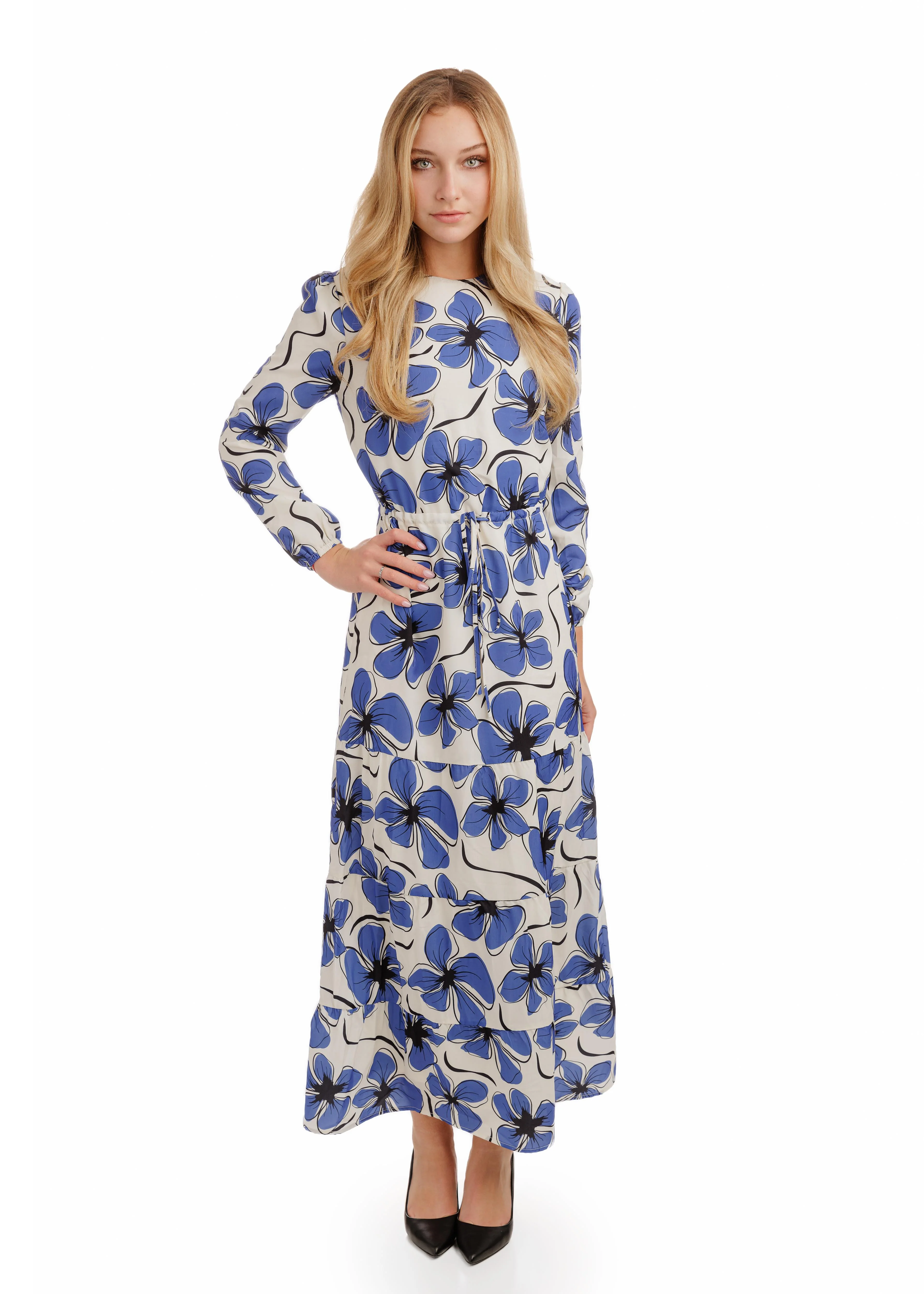 White Base Royal Blue Printed Layer Dress With Drawstring