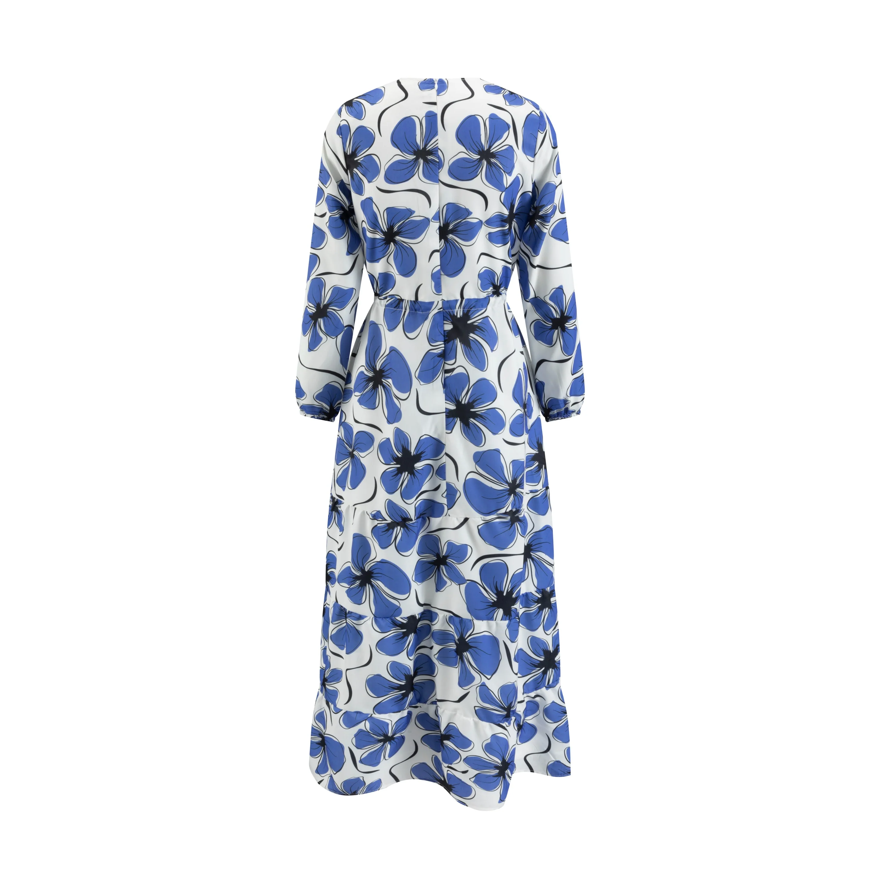 White Base Royal Blue Printed Layer Dress With Drawstring - Image 3