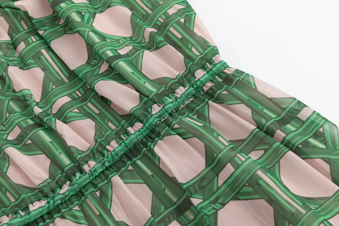 Pink/Green Geometry Printed Pleated Bottom Dress - Image 7