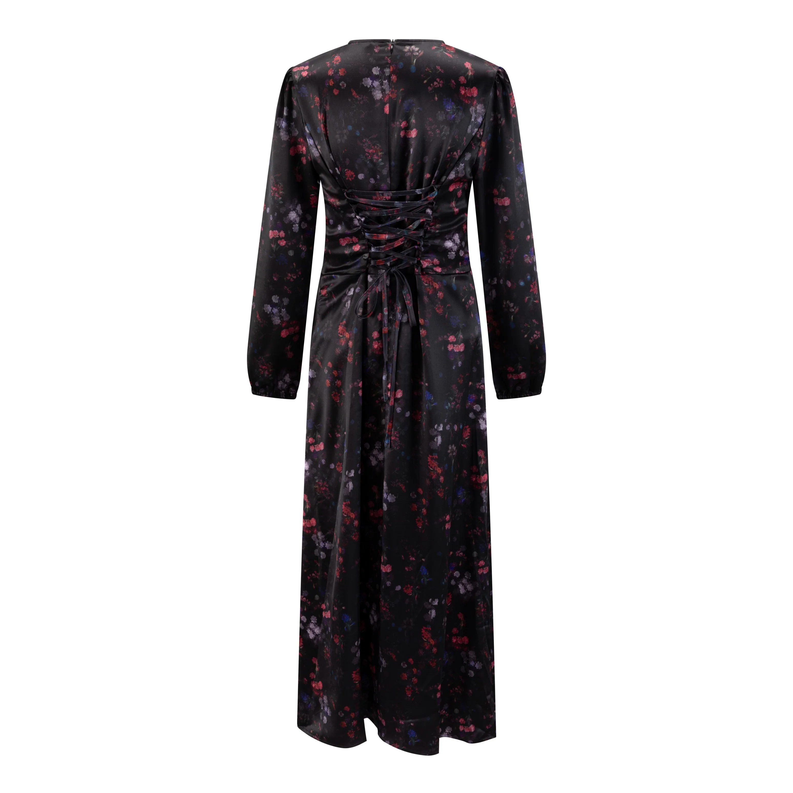 Black Base Multiflowered Printed Bottom Ruffle Dress - Image 3