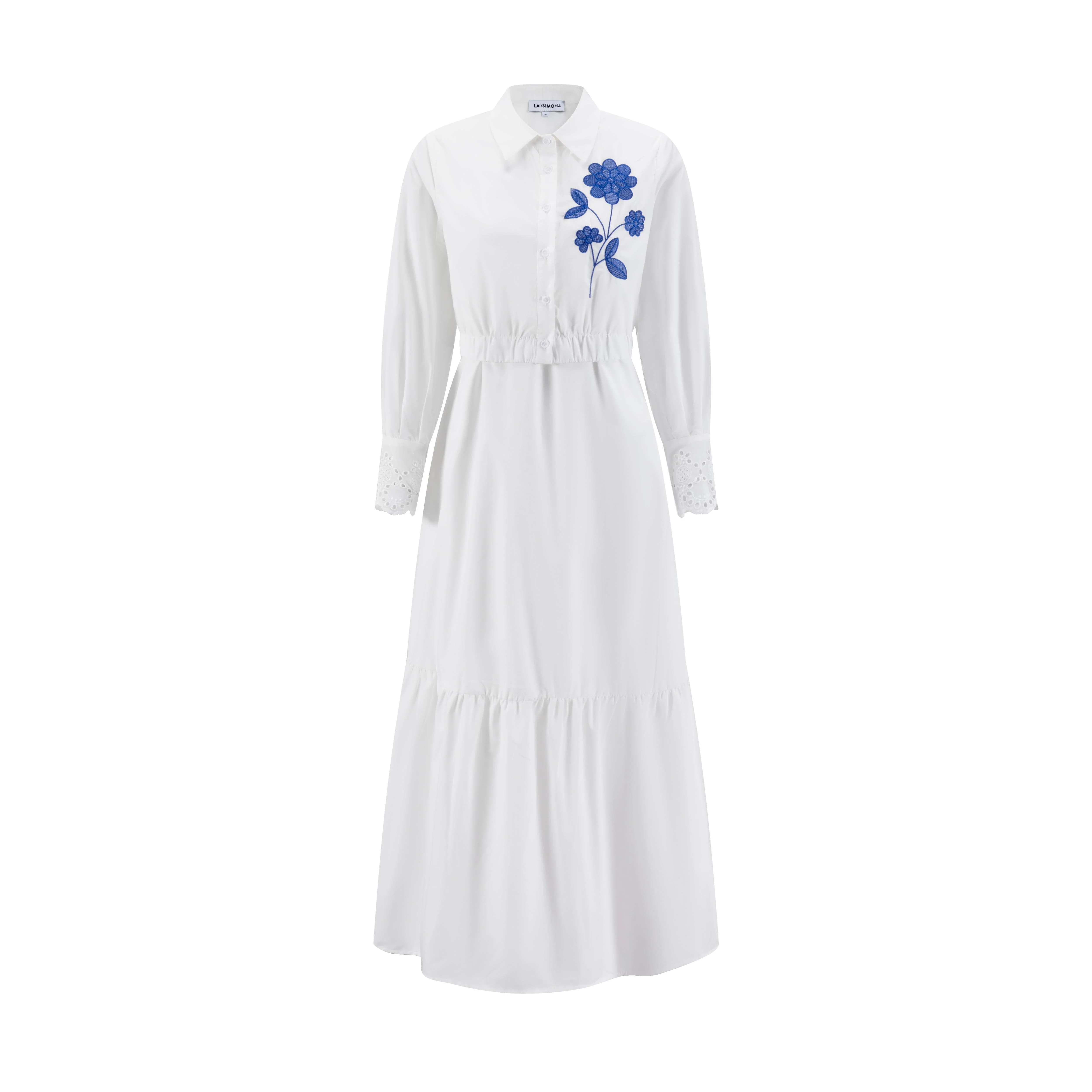 White Base Blue Flower Embroidery Top & Solid White Cotton Layer Dress - Image 2