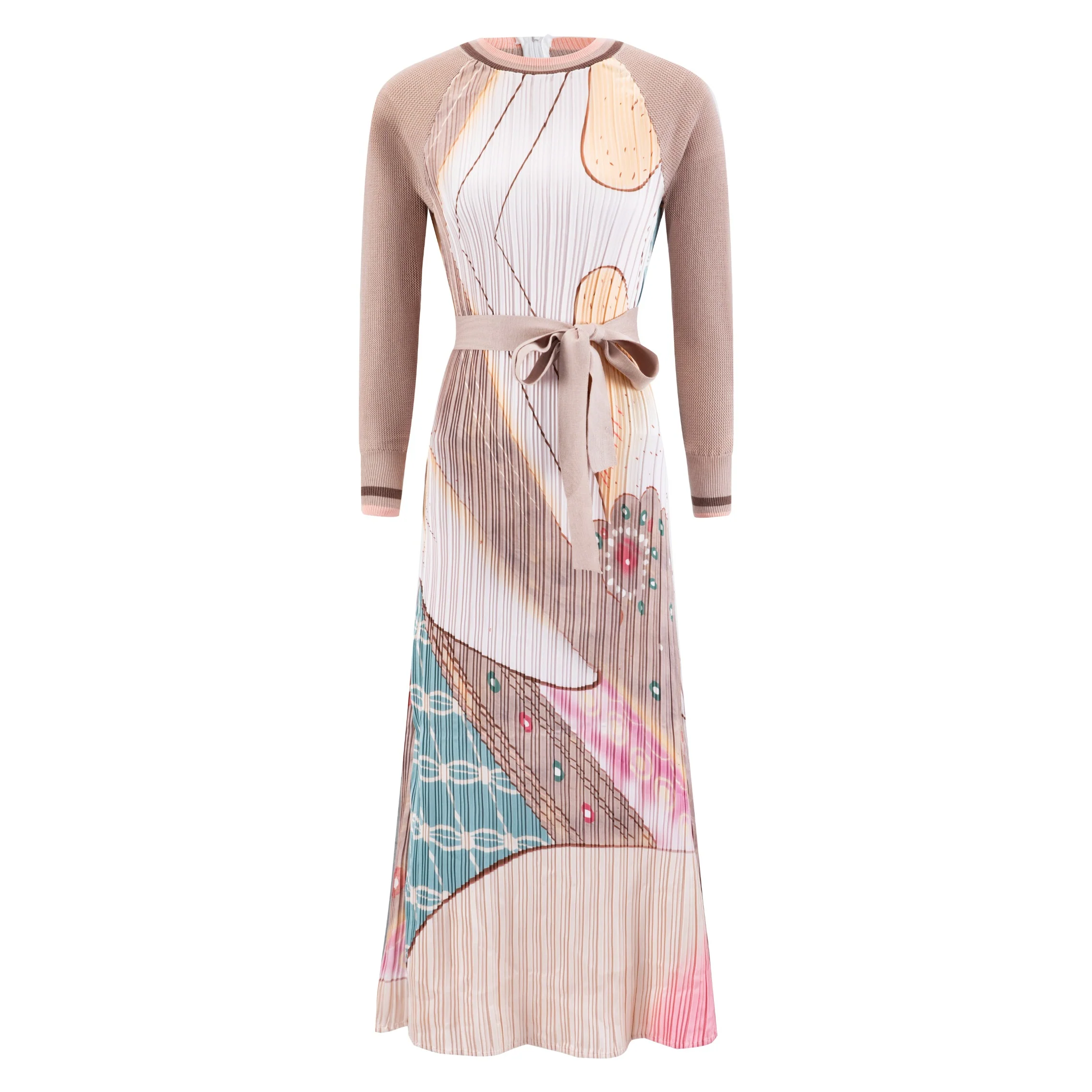 Printed Pleated Satin Dress With Knit Sleeves - Image 2
