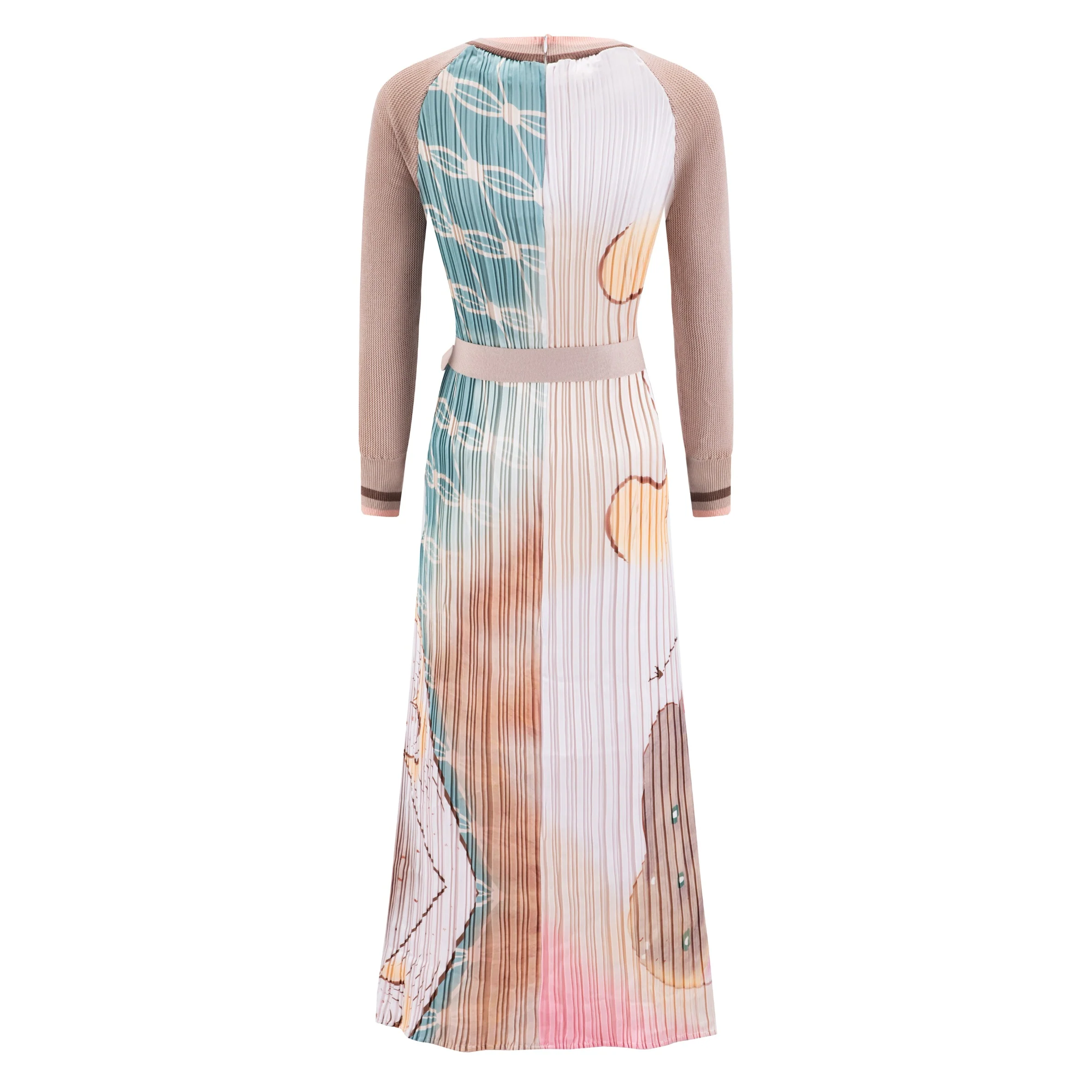 Printed Pleated Satin Dress With Knit Sleeves - Image 3