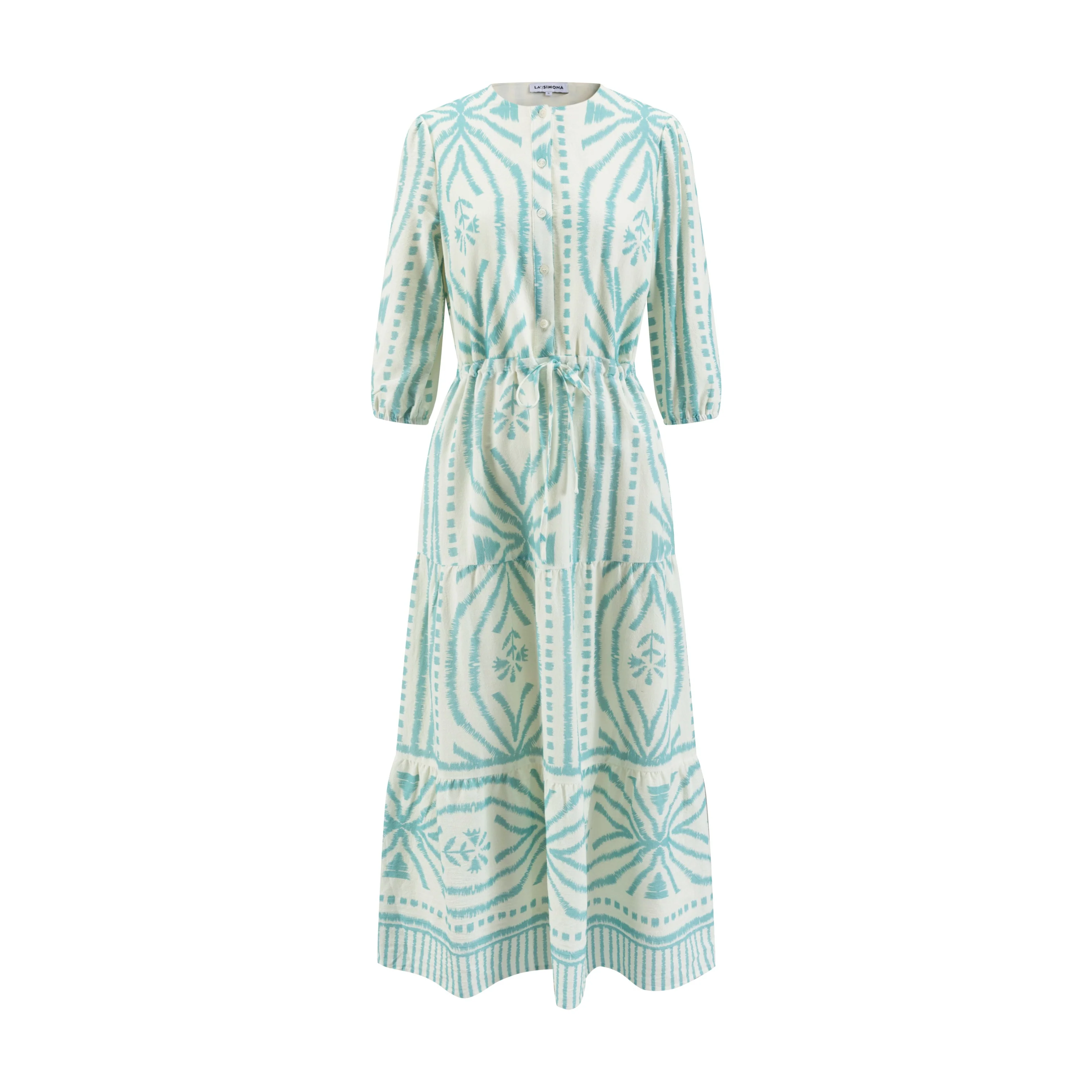 White Base Light Blue Printed Linen Layer Dress - Image 2