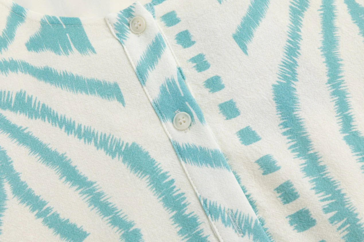 White Base Light Blue Printed Linen Layer Dress - Image 5