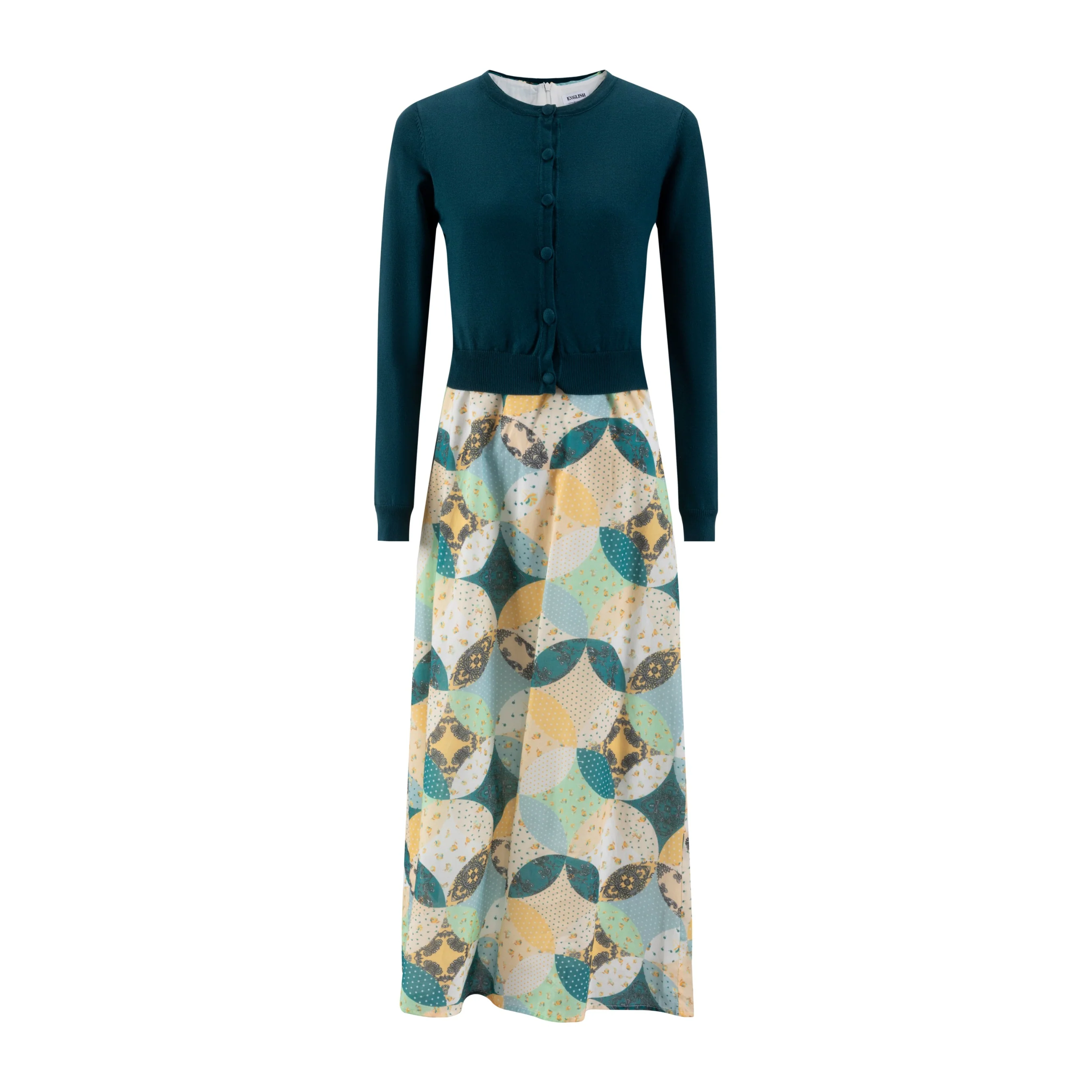 Yellow And Teal Printed Bottom Dress With Teal Knit Cardigan - Image 2