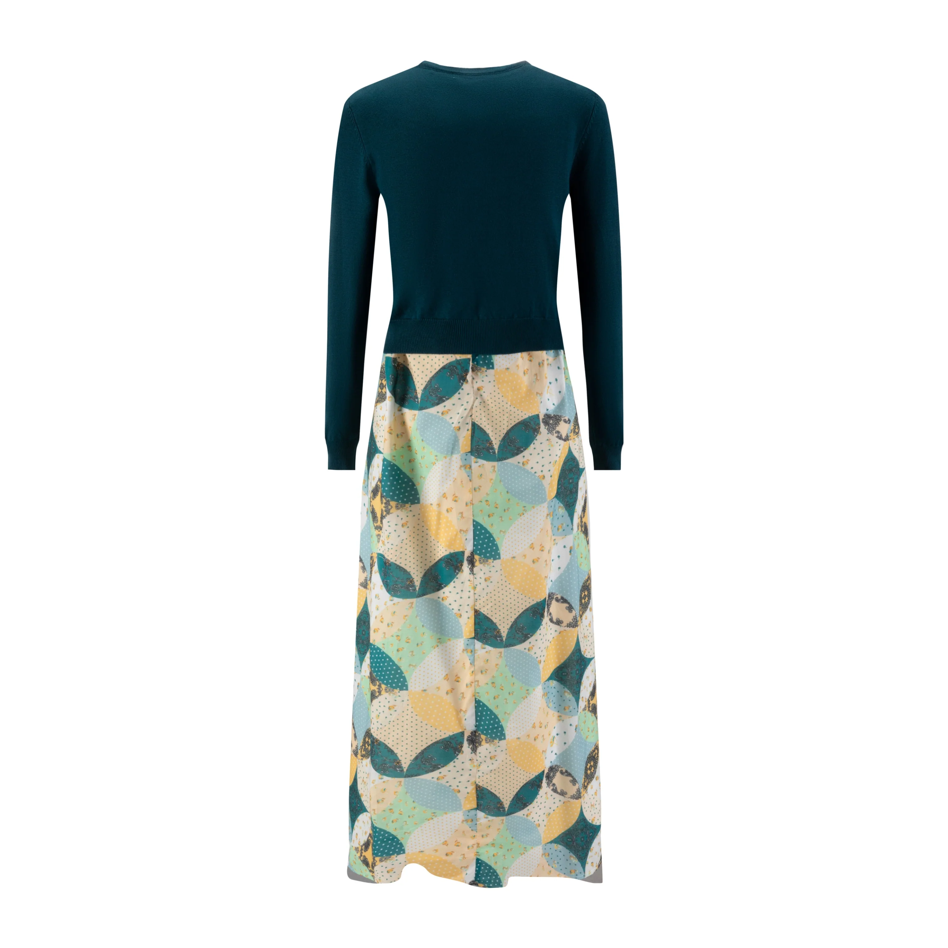 Yellow And Teal Printed Bottom Dress With Teal Knit Cardigan - Image 3