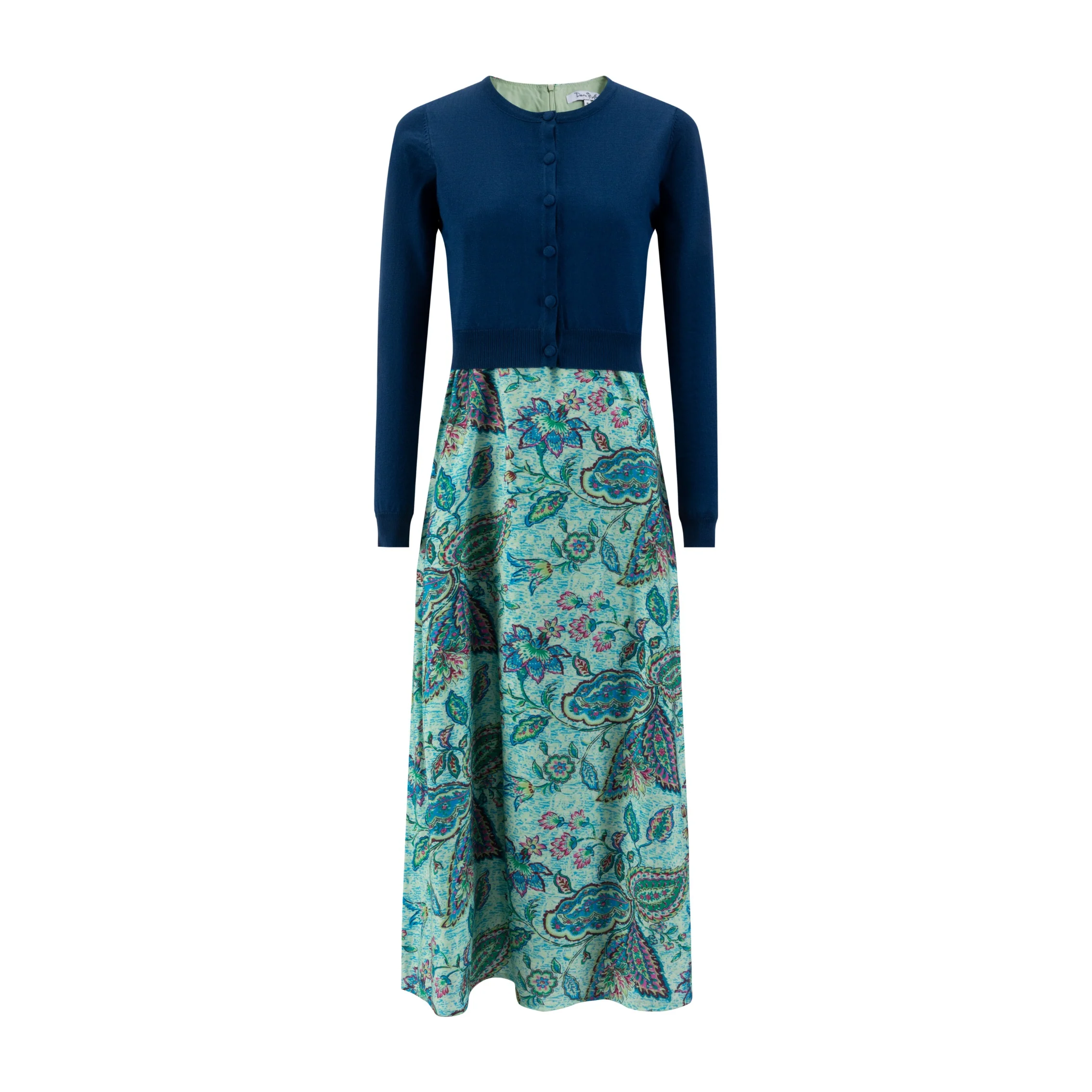 Multicolored Slip Dress With Deep Blue Overlay Cardigan - Image 2
