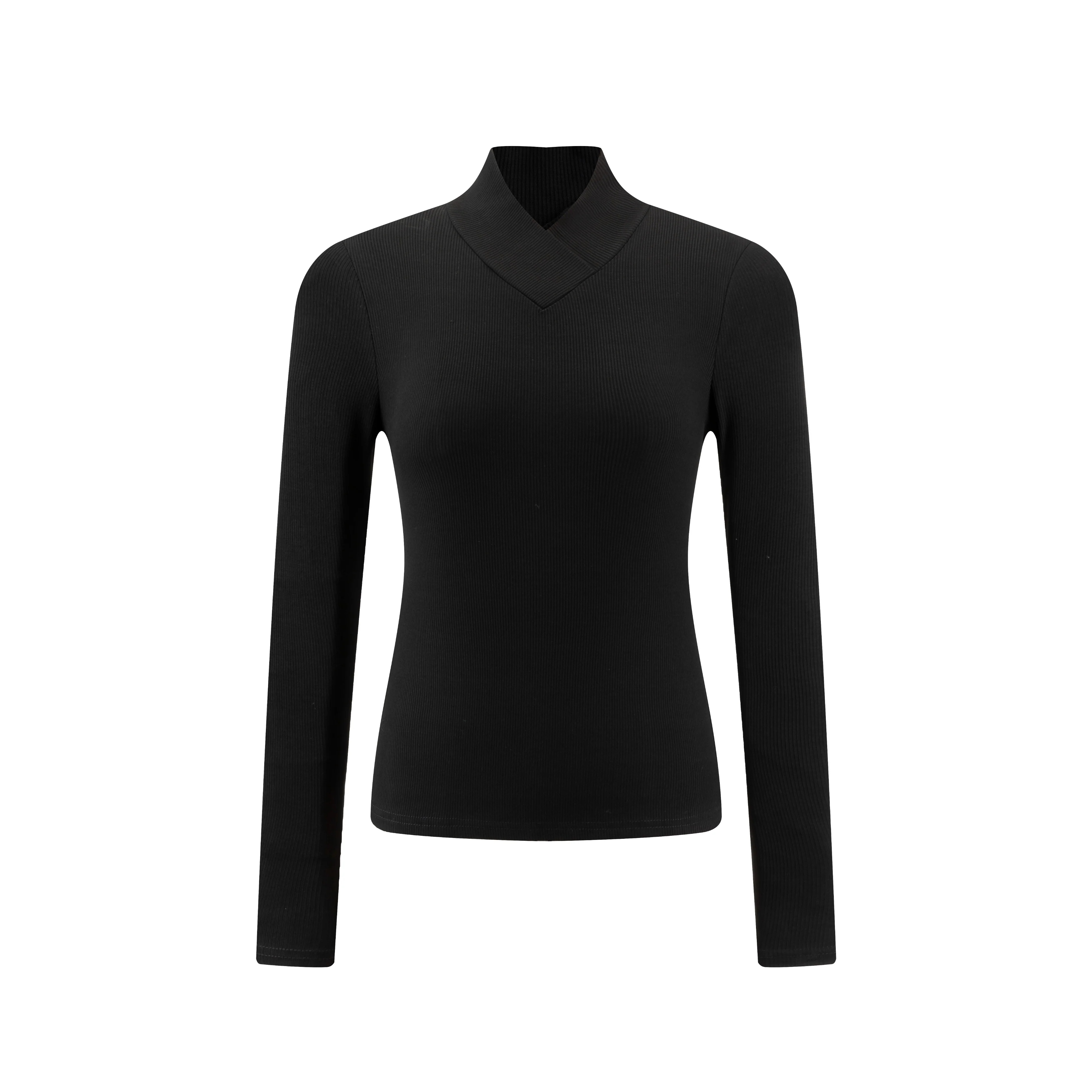 V-Neck Ribbed Knit Top - Black - Image 2