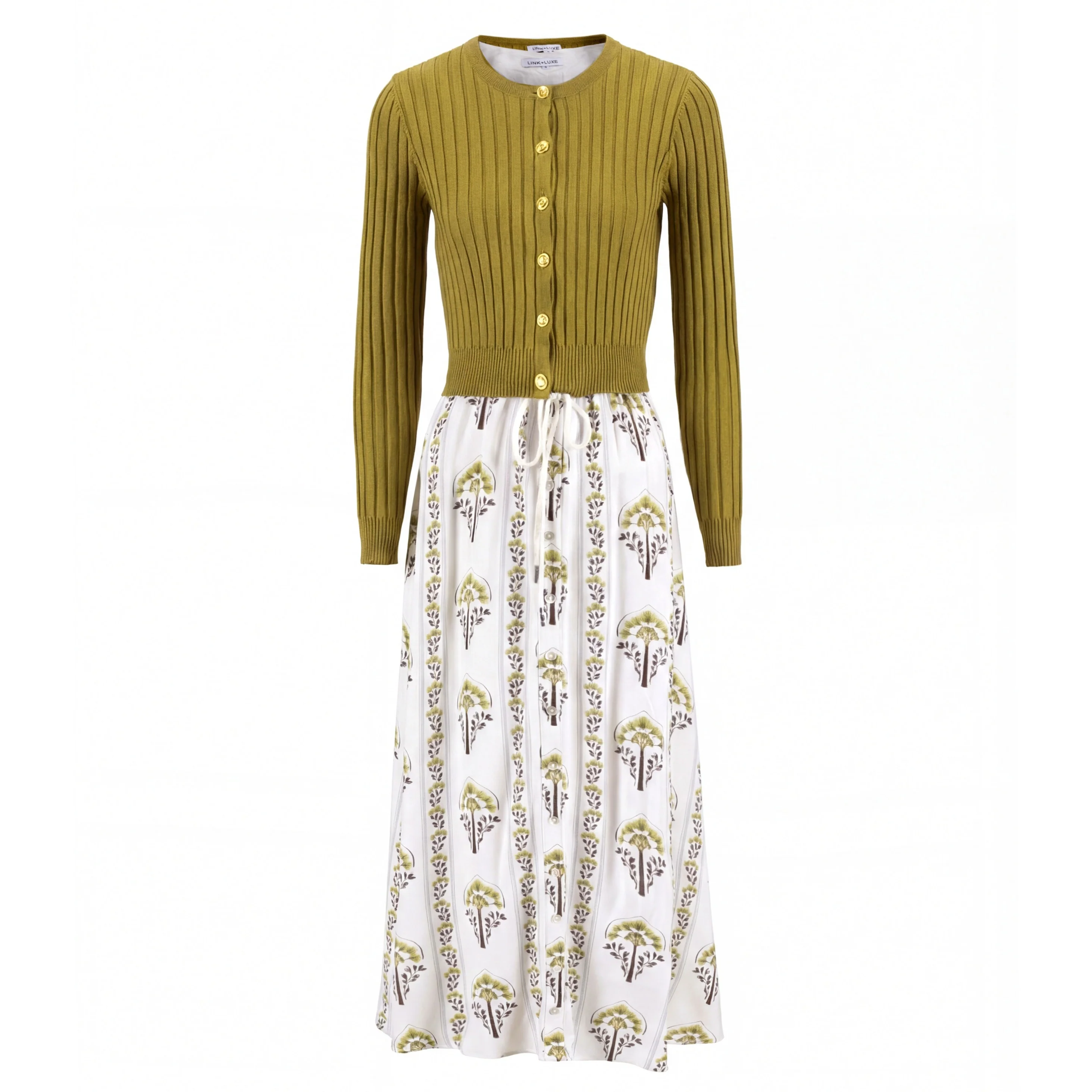 White And Olive Blossom Dress With Olive Cardigan - Image 2