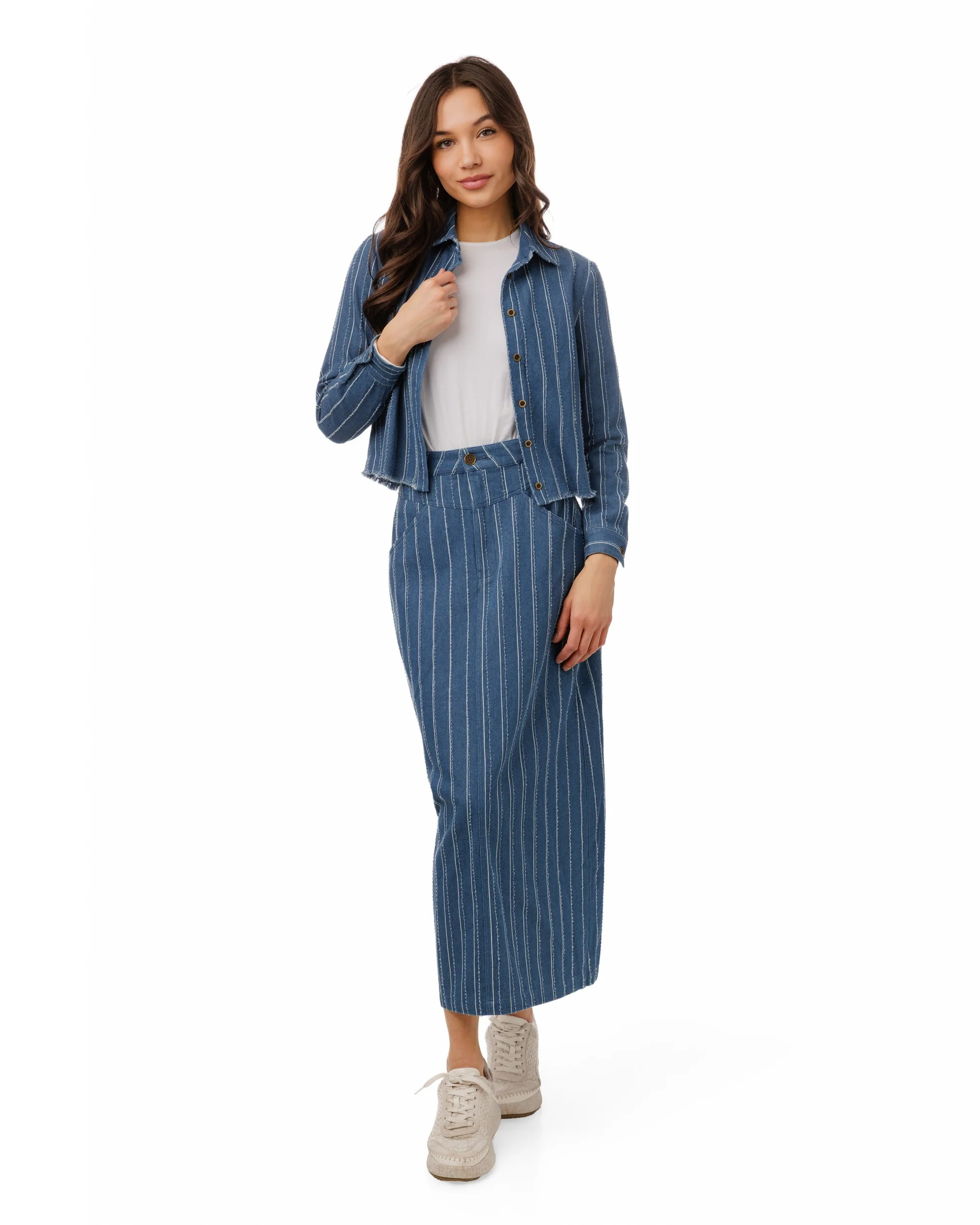 White And Ragged Stripes Denim Shirt