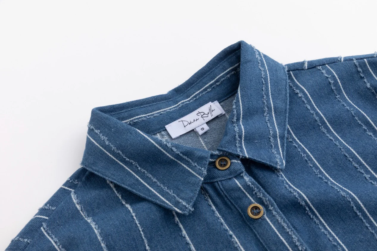 White And Ragged Stripes Denim Shirt - Image 6