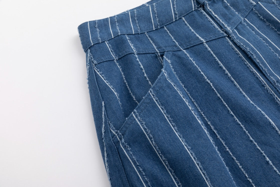 White And Ragged Stripes Denim Skirt - Image 7