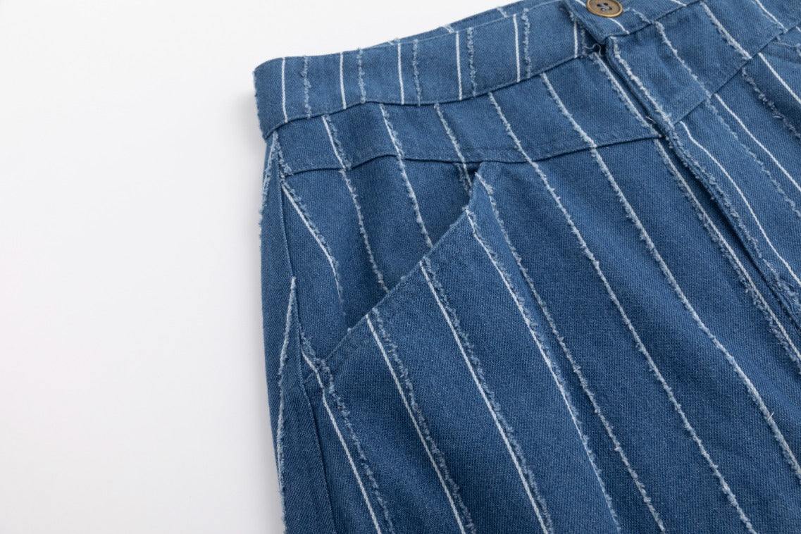 White And Ragged Stripes Denim Skirt - Image 8