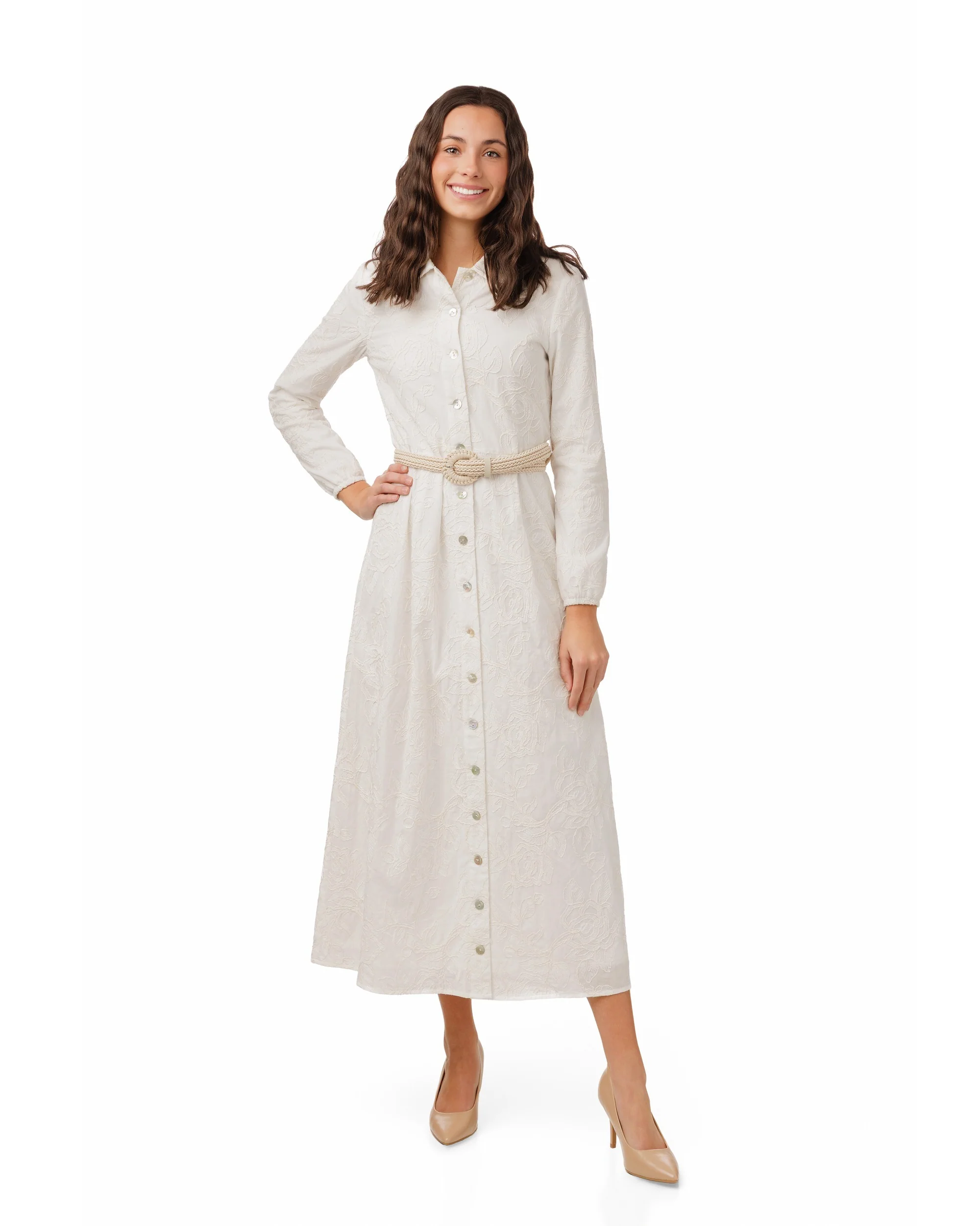 White Beaded Embroidered Dress W/ Braided Belt