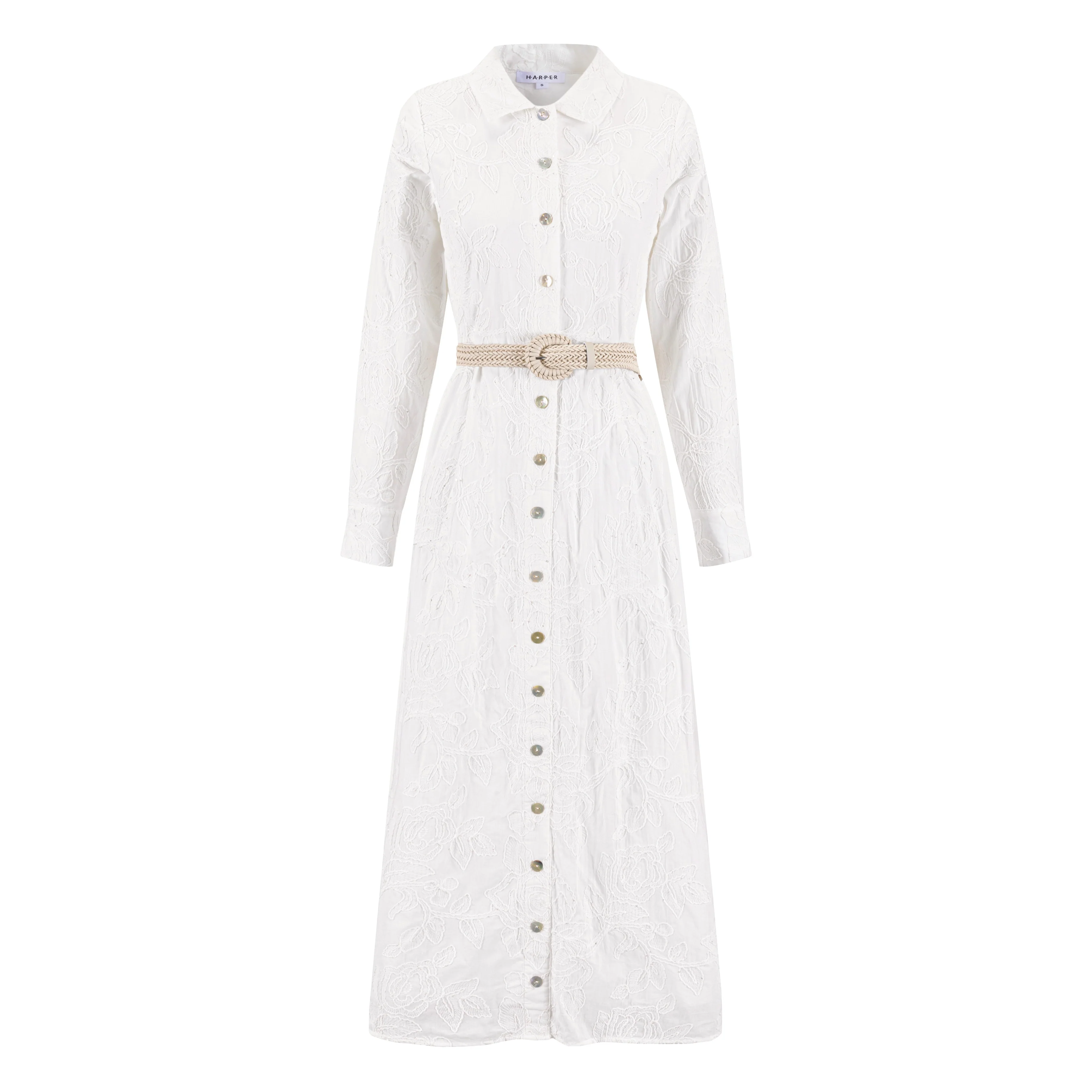 White Beaded Embroidered Dress W/ Braided Belt - Image 2