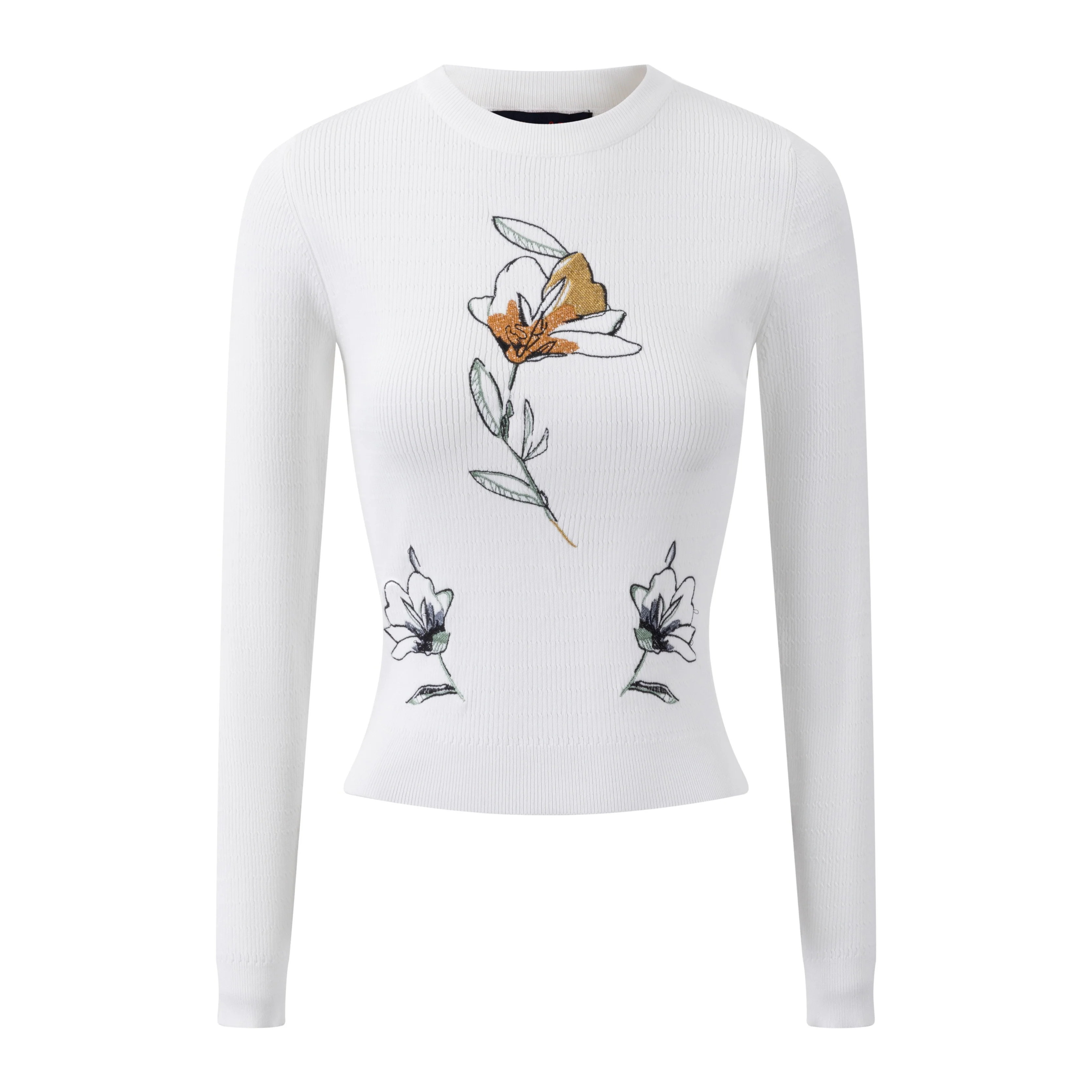 White Detailed Knit Top With Floral Embroidery - Image 3