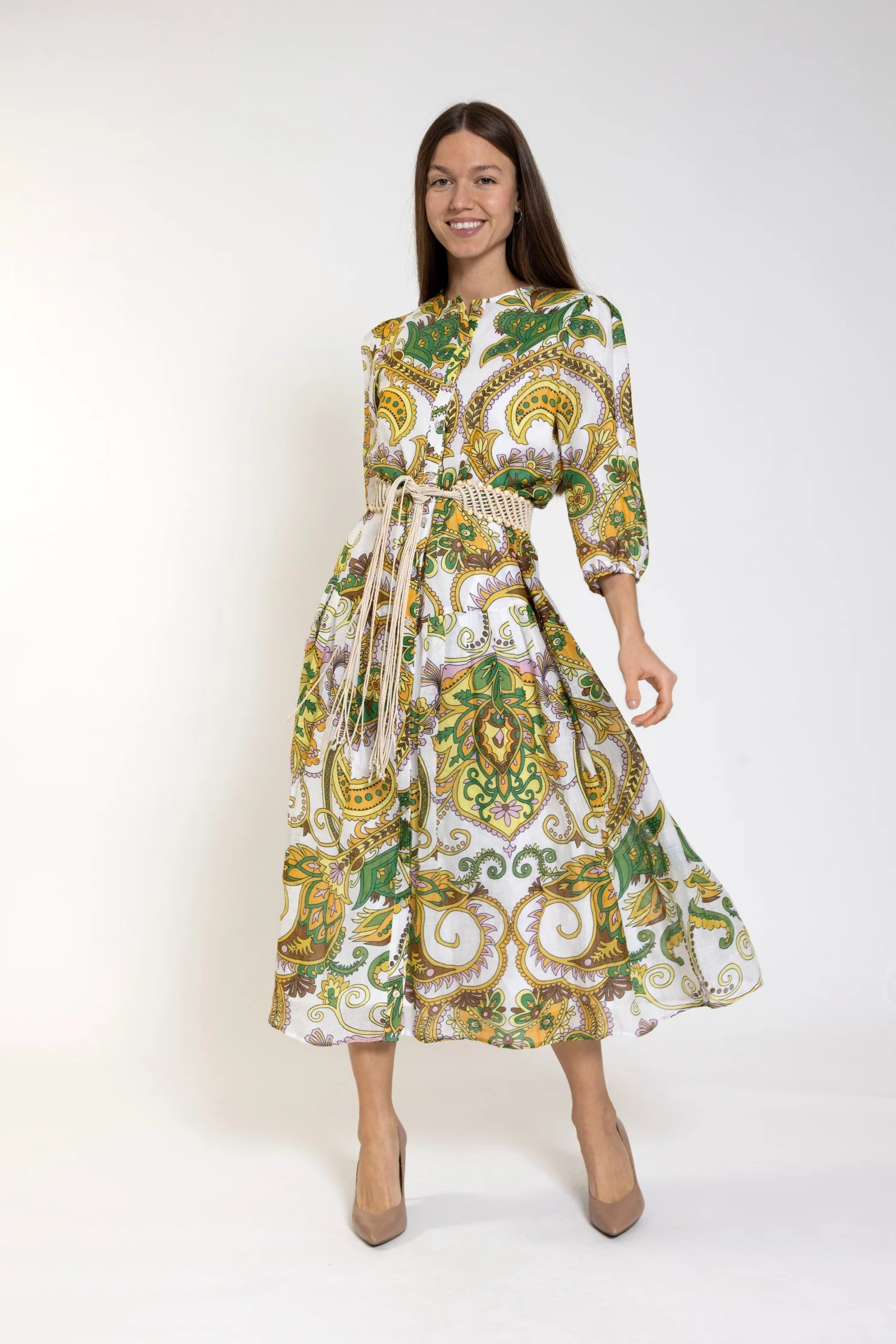 White Multicolor Printed With Braided Belt Dress
