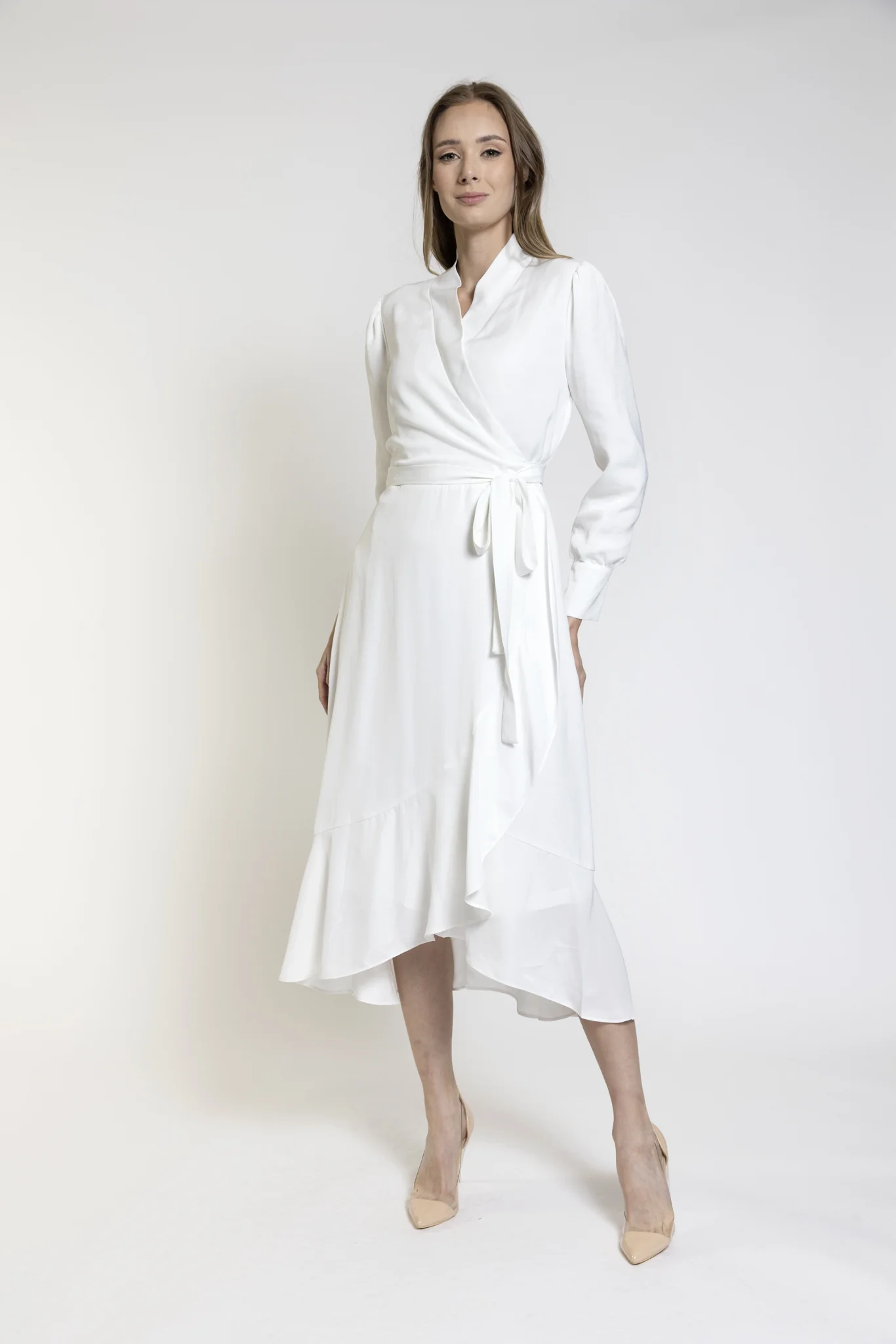 White Fake Wrap Ruffle Dress - Image 2