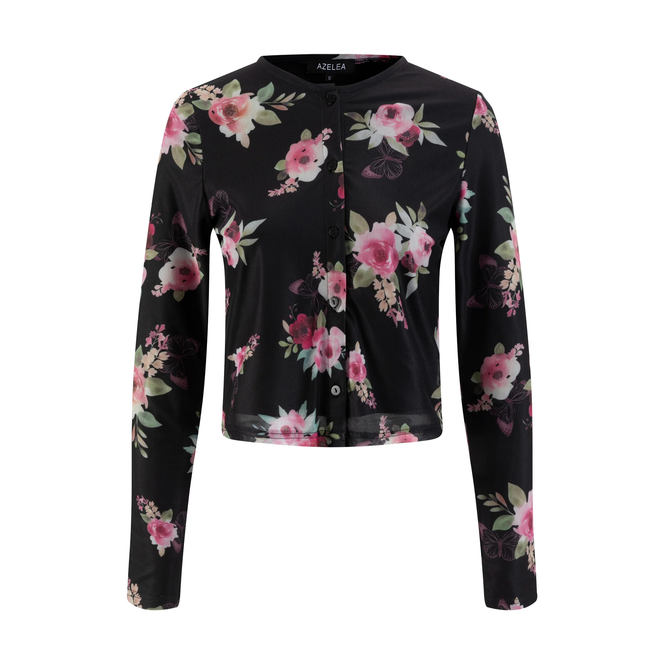 Black And Pink Floral Mesh Cardigan - Image 2