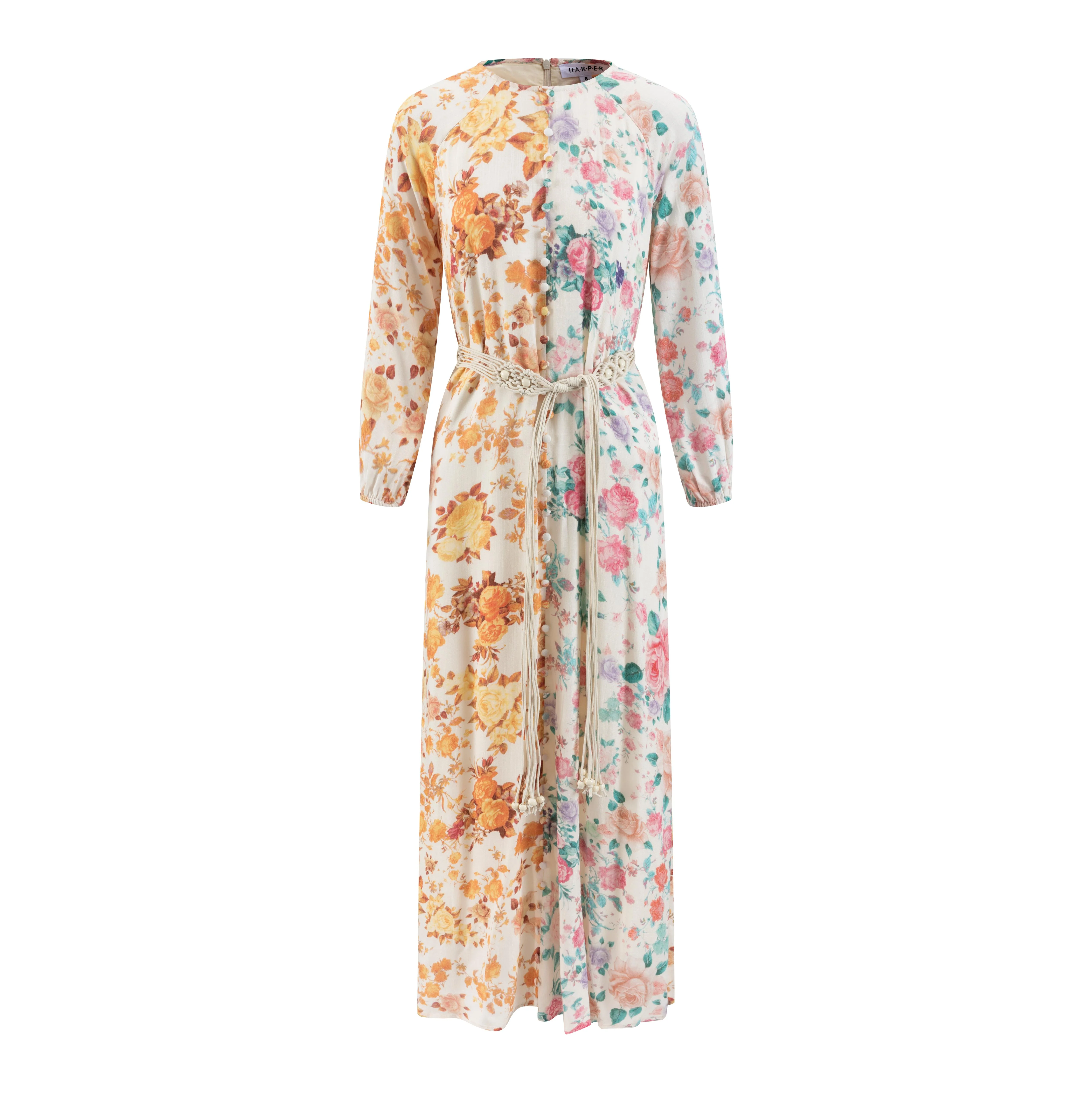 Beige Linen Dress With Mutli Colored Floral Print - Image 2