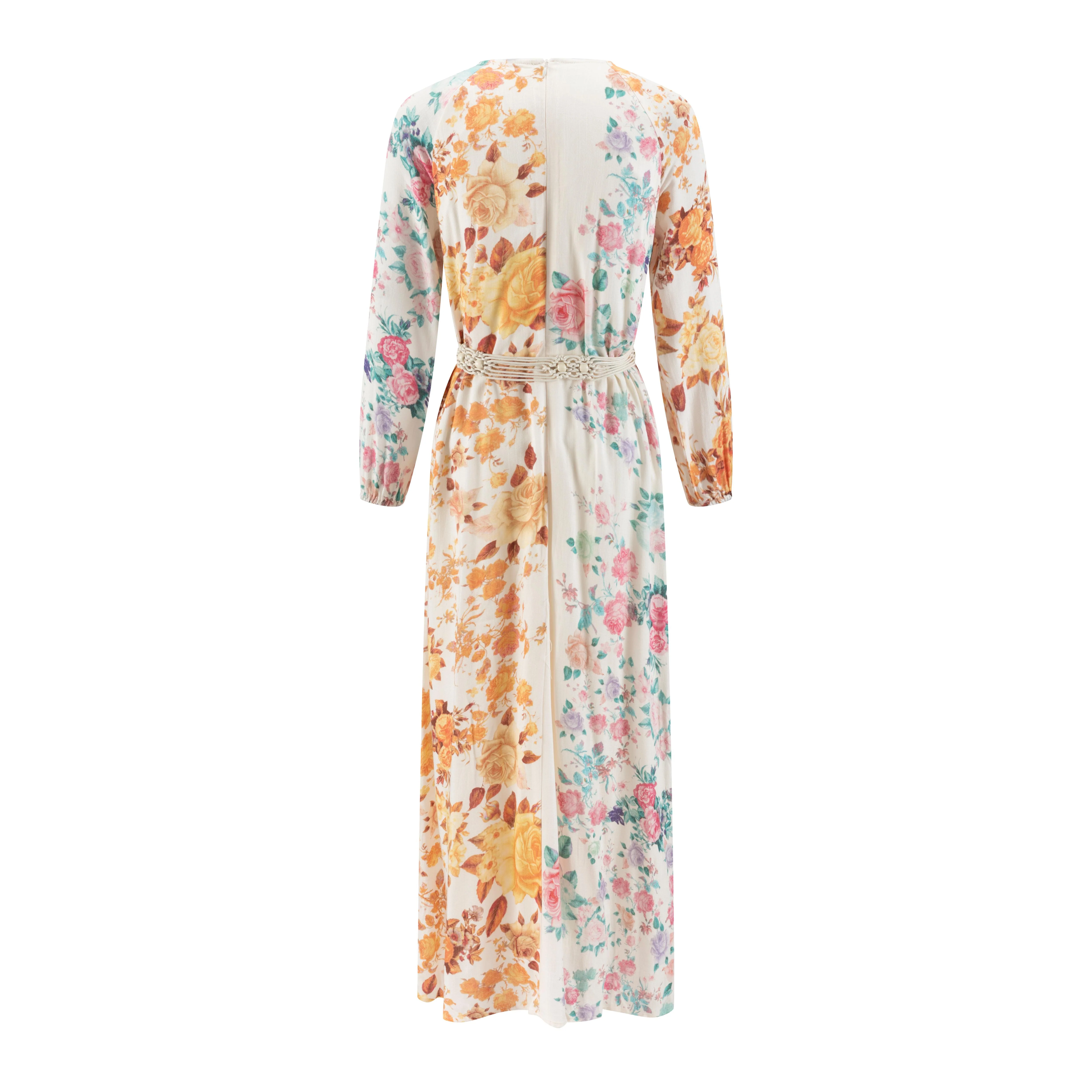 Beige Linen Dress With Mutli Colored Floral Print - Image 3