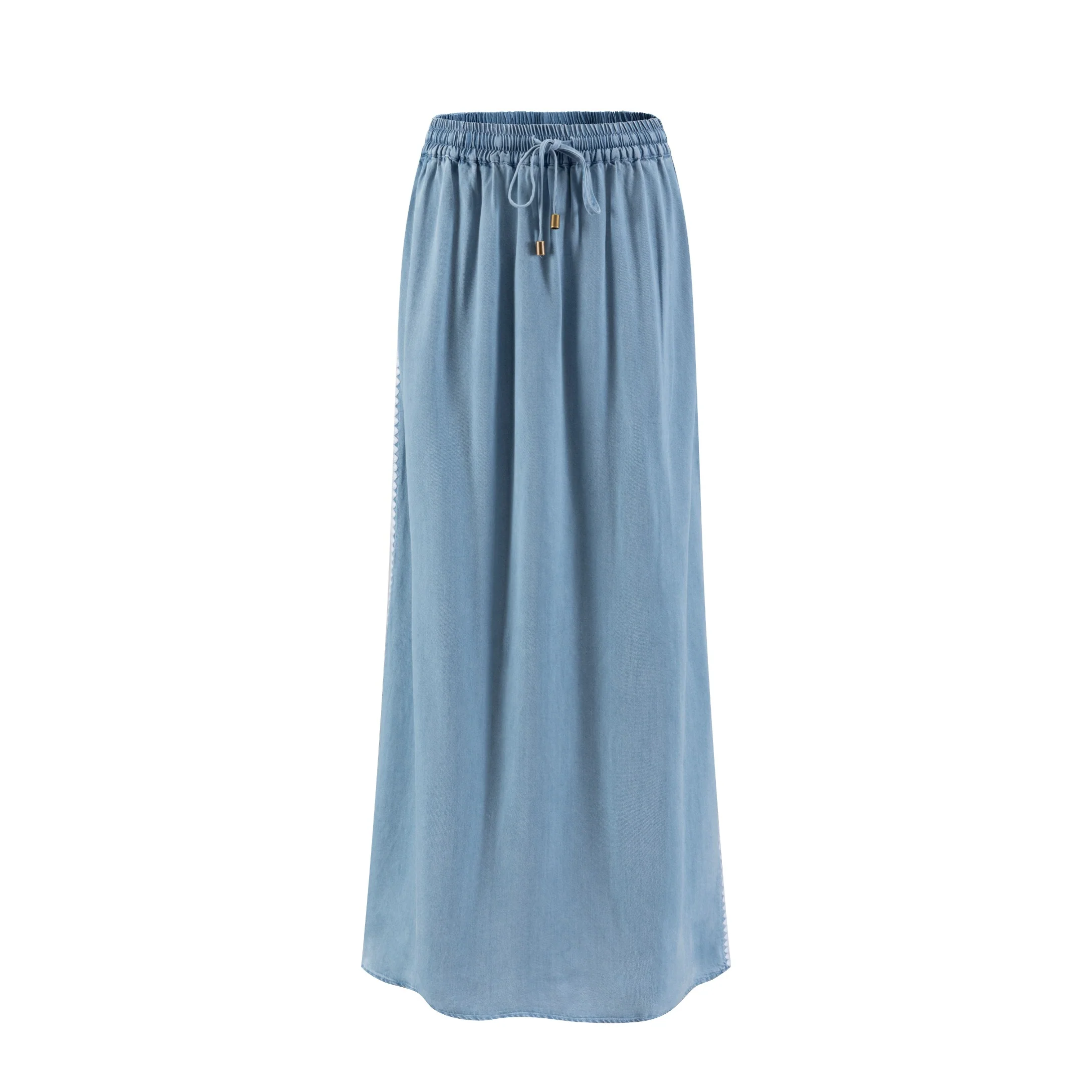 Light Blue Denim Skirt With White Top Stitching - Image 2
