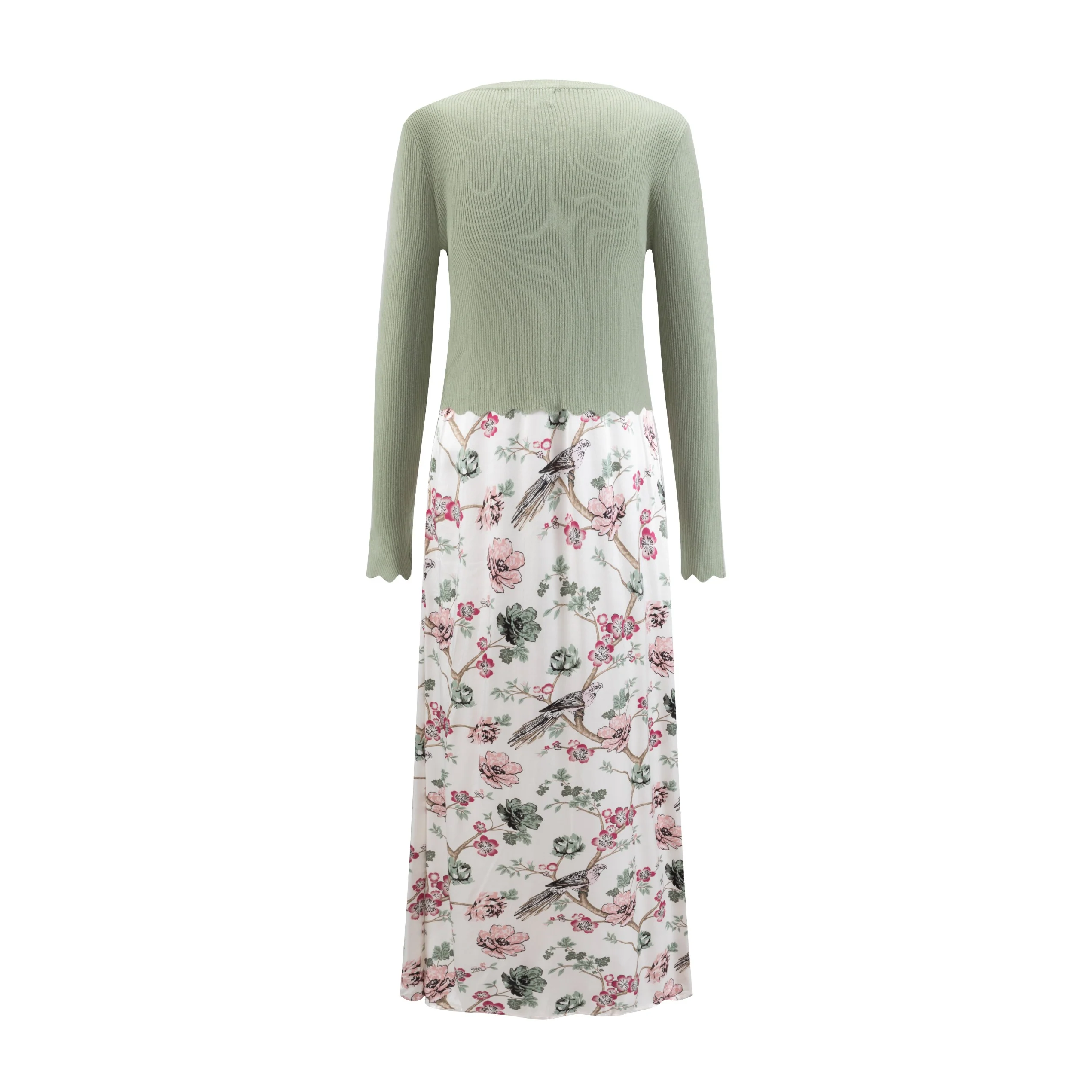 Sage Green Knit Top With Slip Dress With Bird Print - Image 3