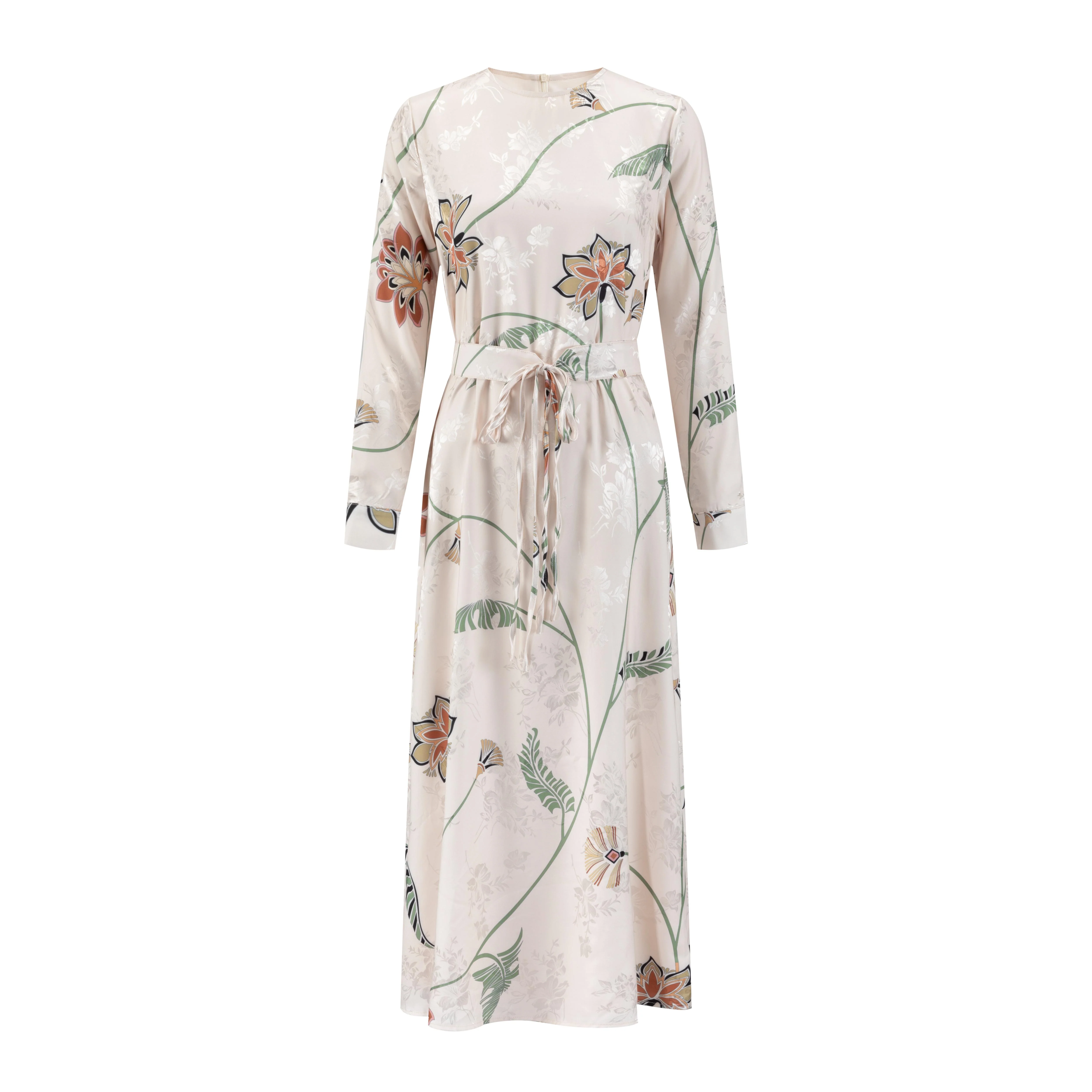 Beige Base Plant Printed Jacquard Dress - Image 2