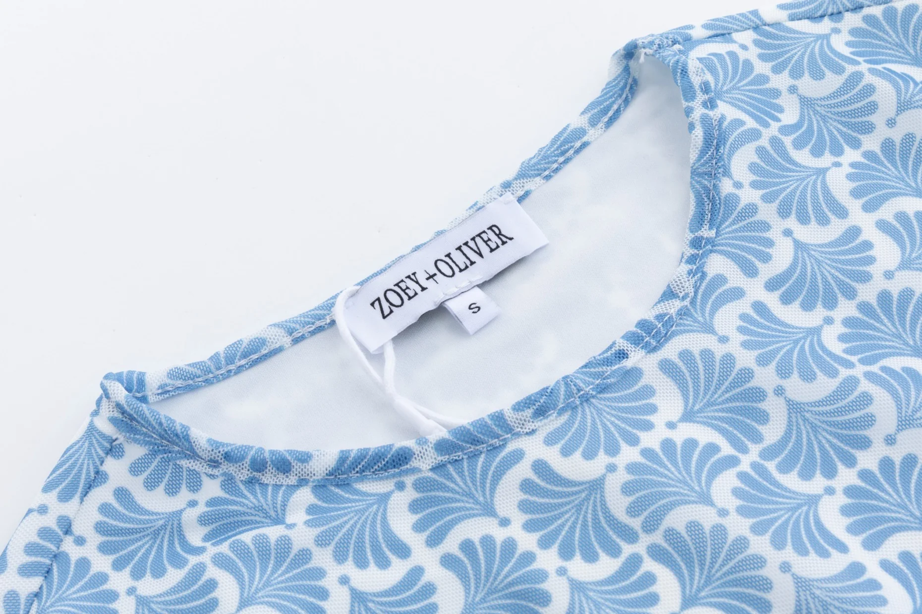 White Base Navy Flower Printed Mesh Top - Image 4