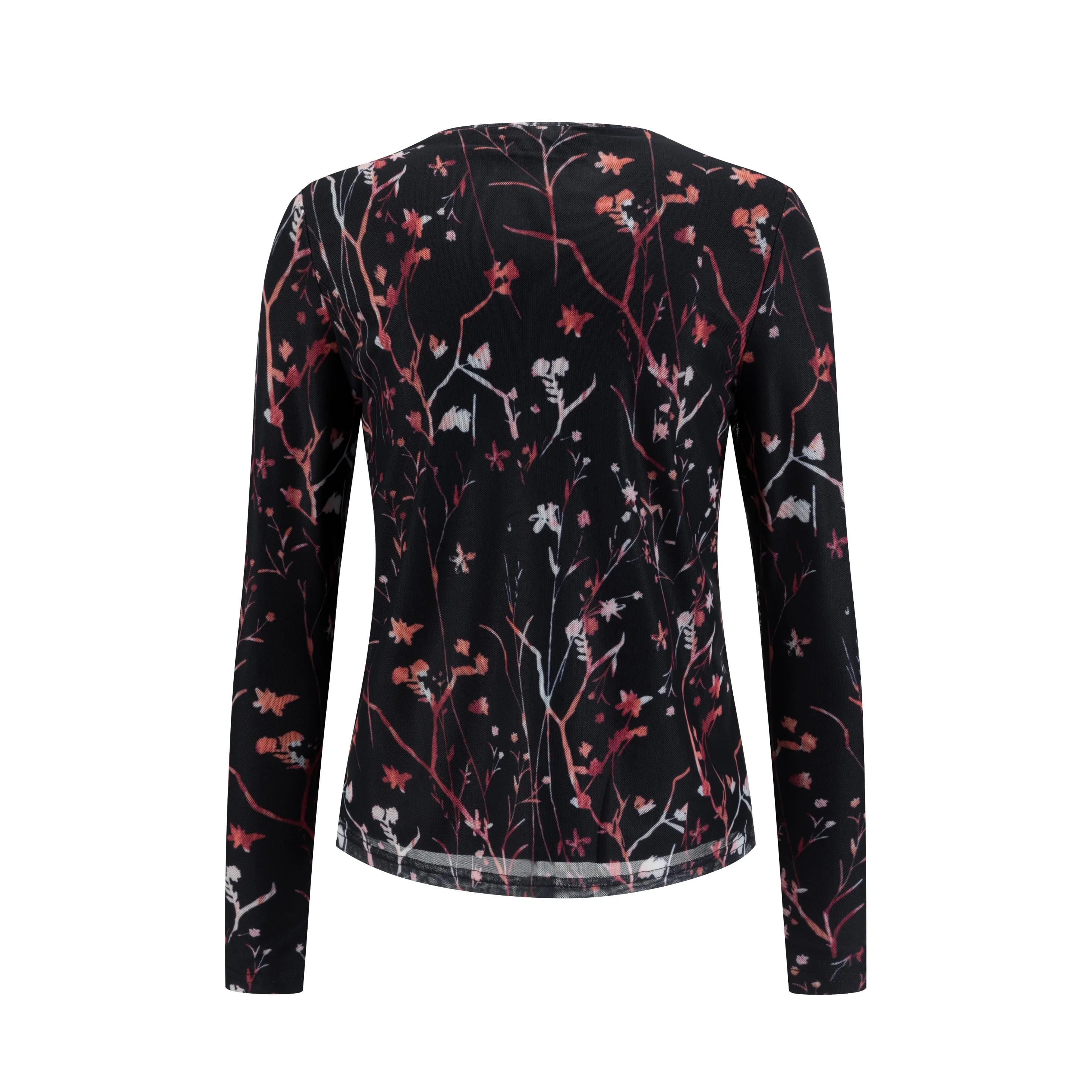 Black Base Pink Branch Printed Mesh Top - Image 3