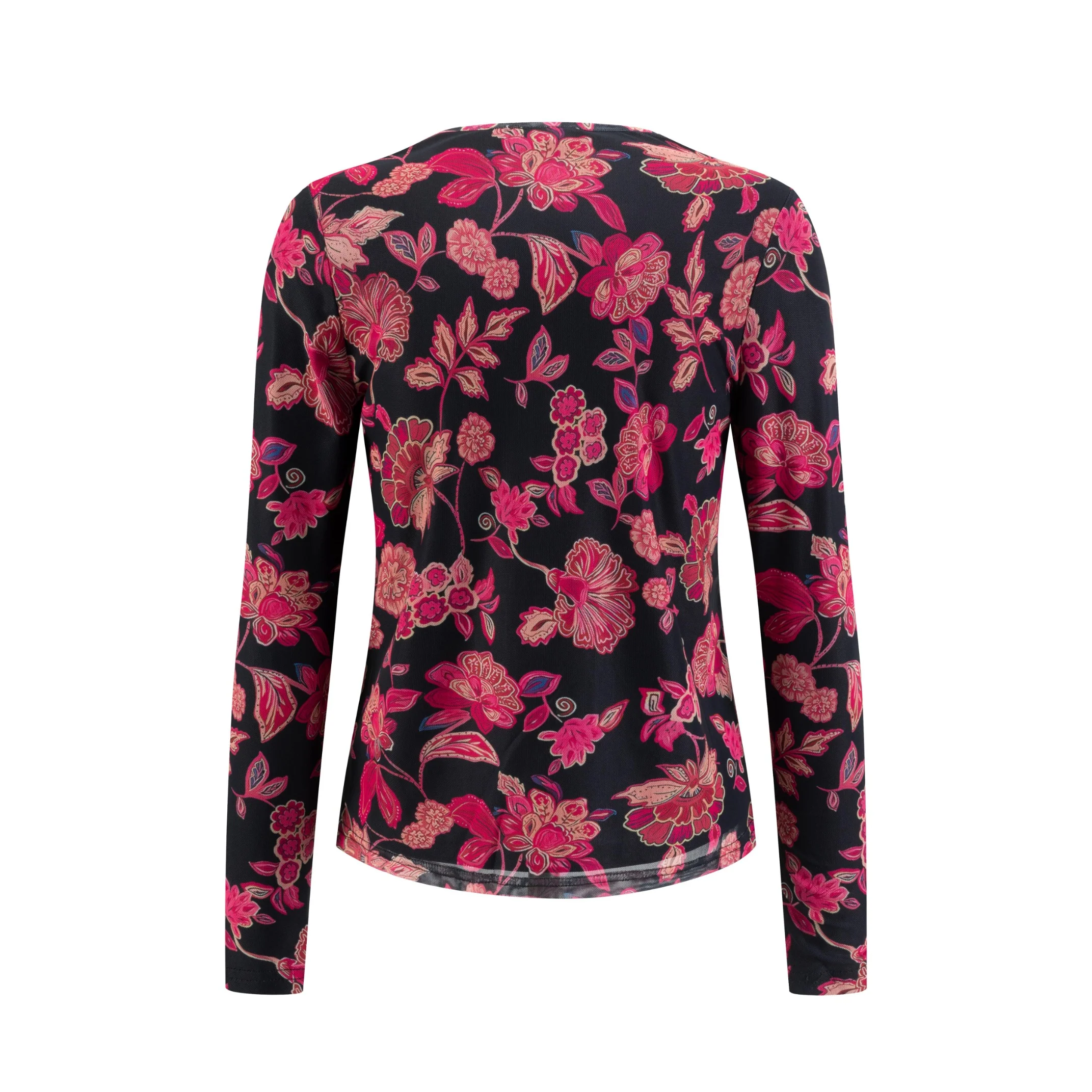 Black Base Pink Flower Printed Mesh Top - Image 3