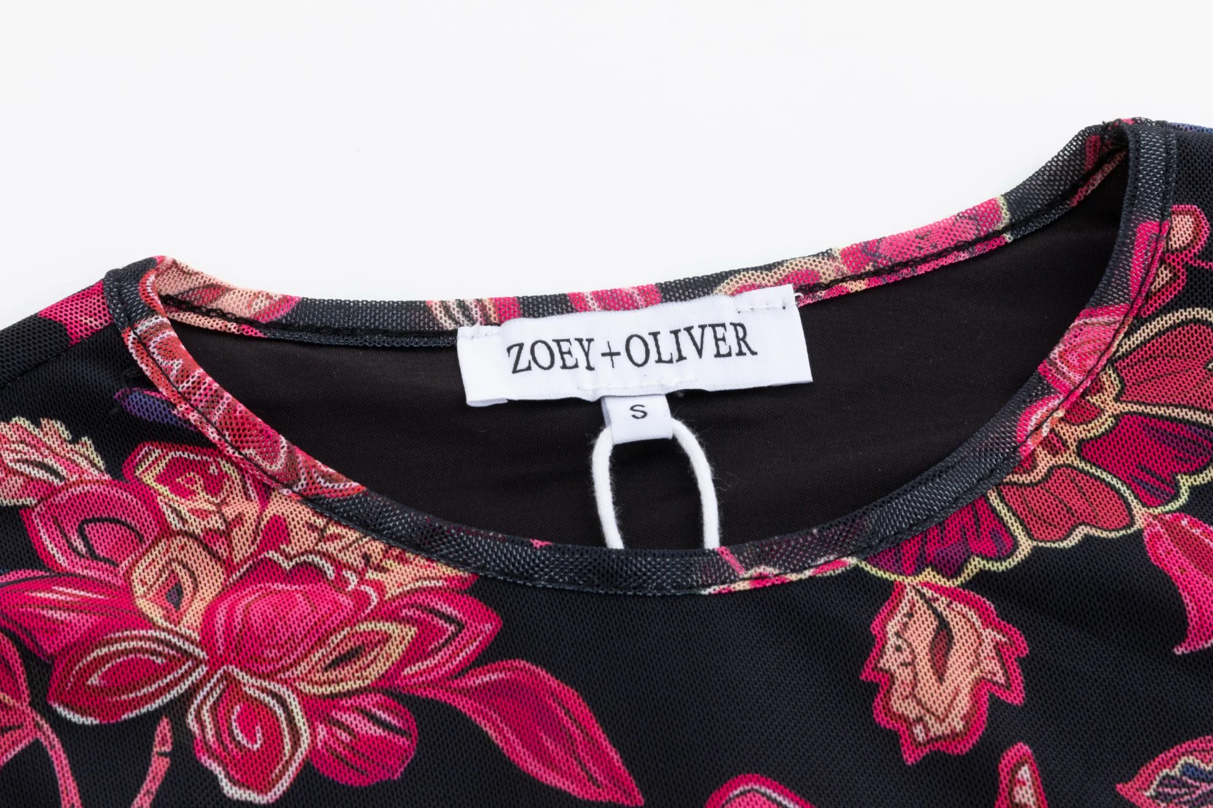 Black Base Pink Flower Printed Mesh Top - Image 7