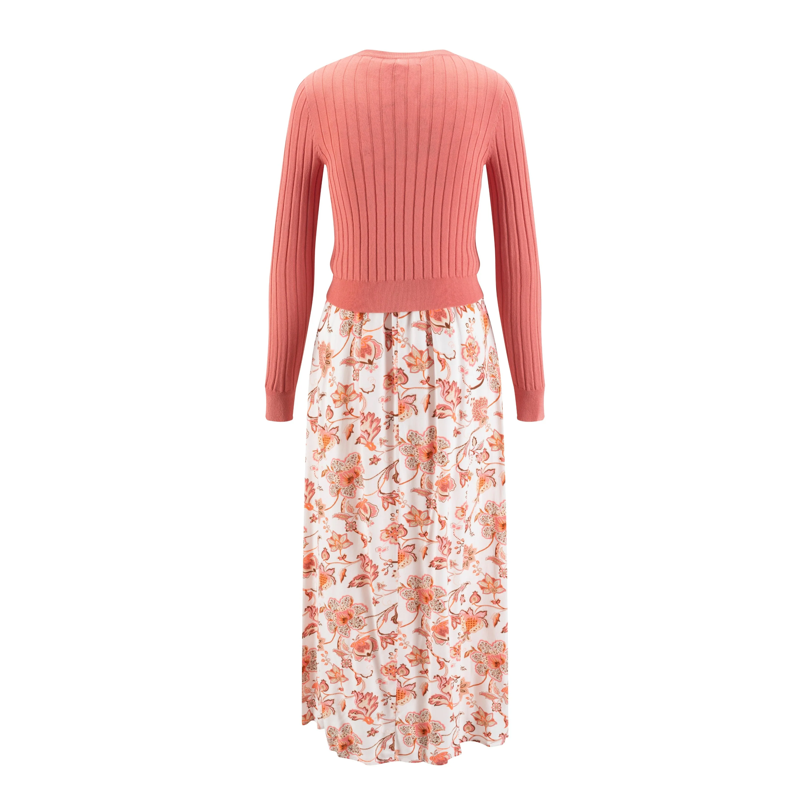 Coral Floral Printed Dress With Coral Knit Overlay - Image 2