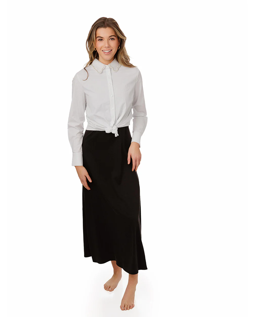 White Cotton Shirt With Pearl Organza Collar