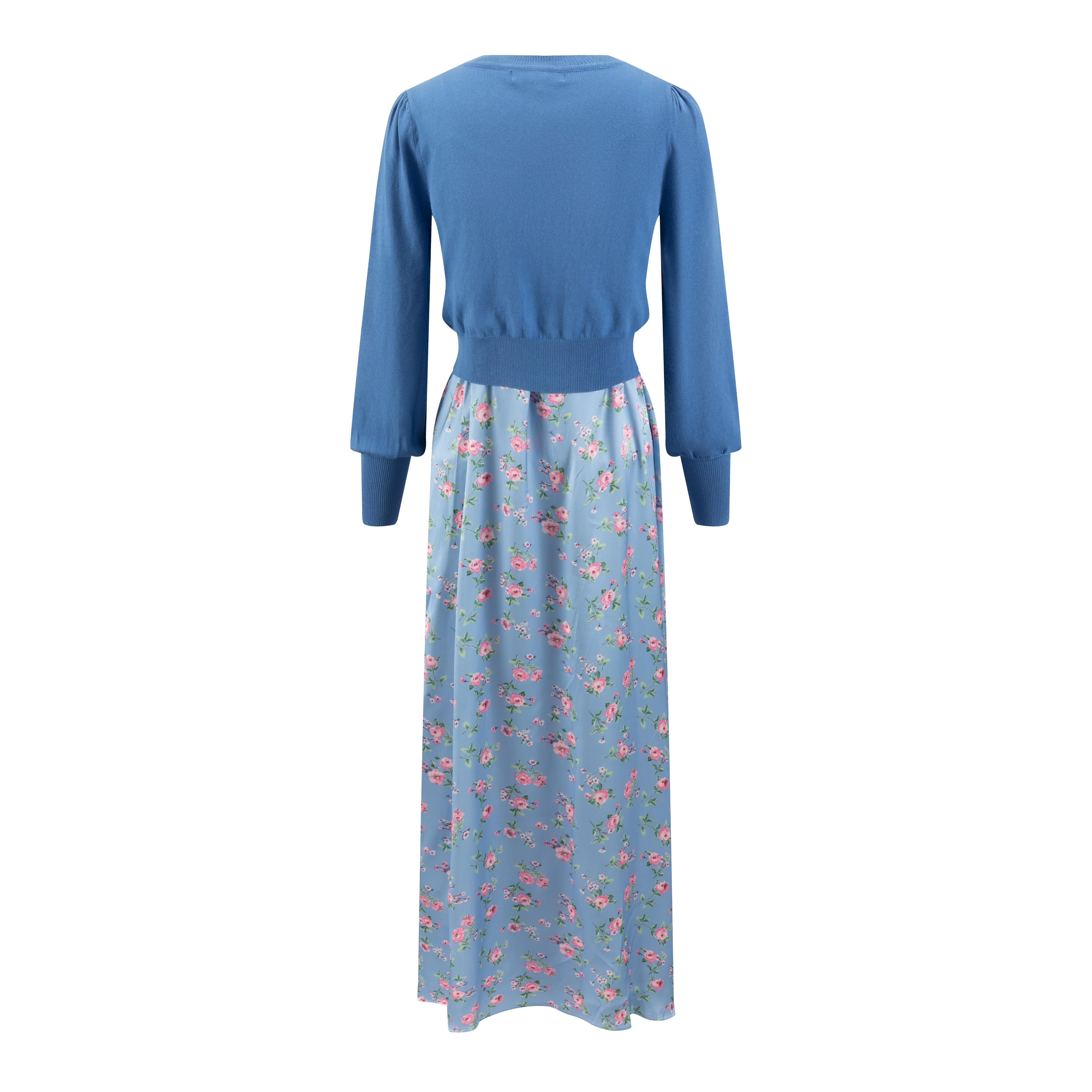 Blue Dress With Blue Knit Cardigan Overlay - Image 3