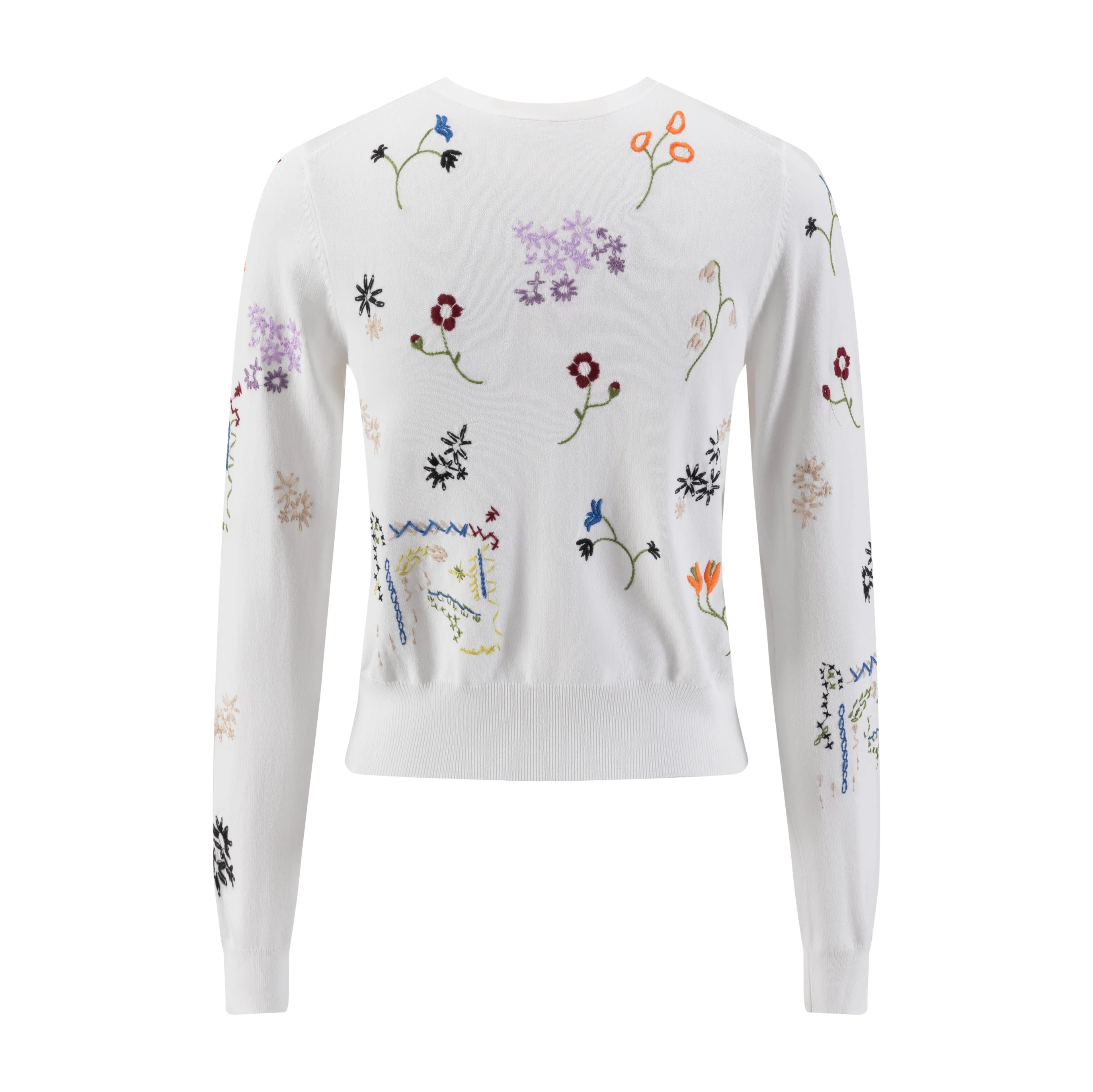 White Knit Cardigan With Multi Color Floral Embroidery - Image 2
