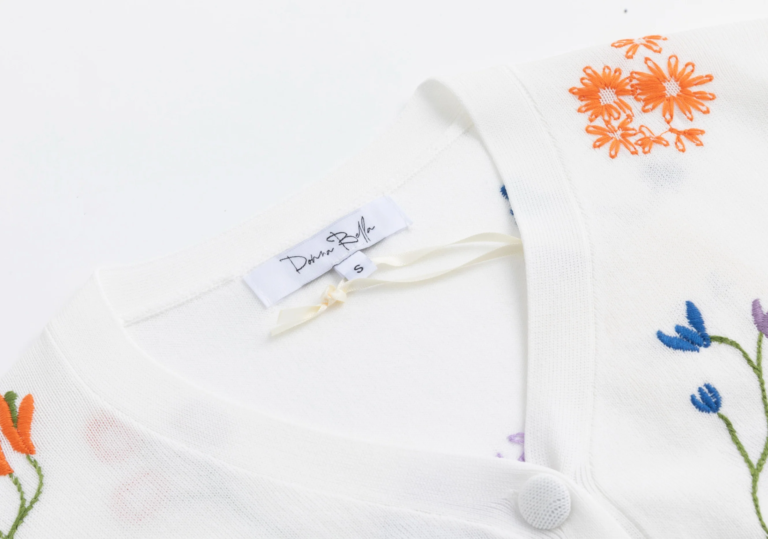 White Knit Cardigan With Multi Color Floral Embroidery - Image 5