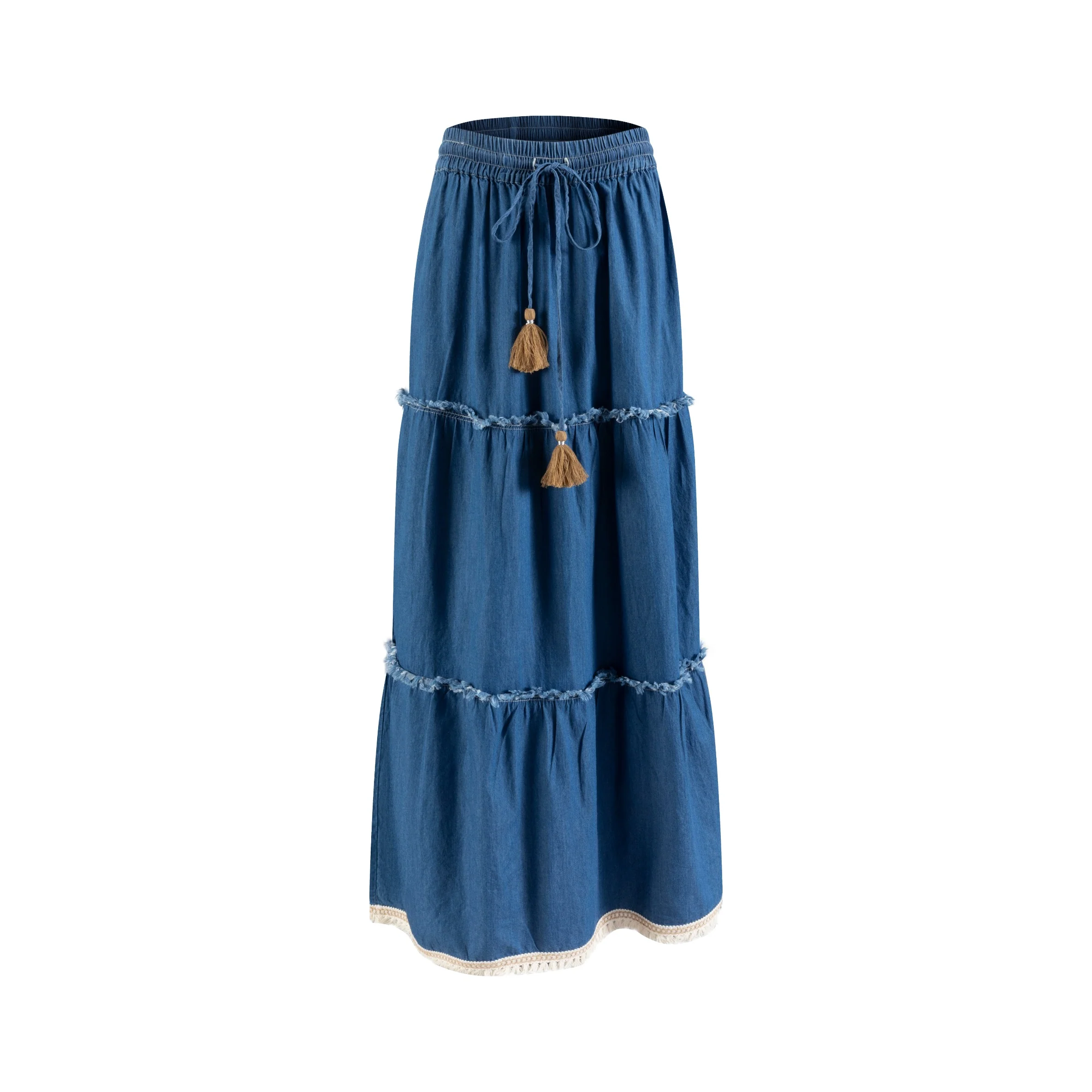 Blue Denim Layer Skirt With Tassels - Image 2