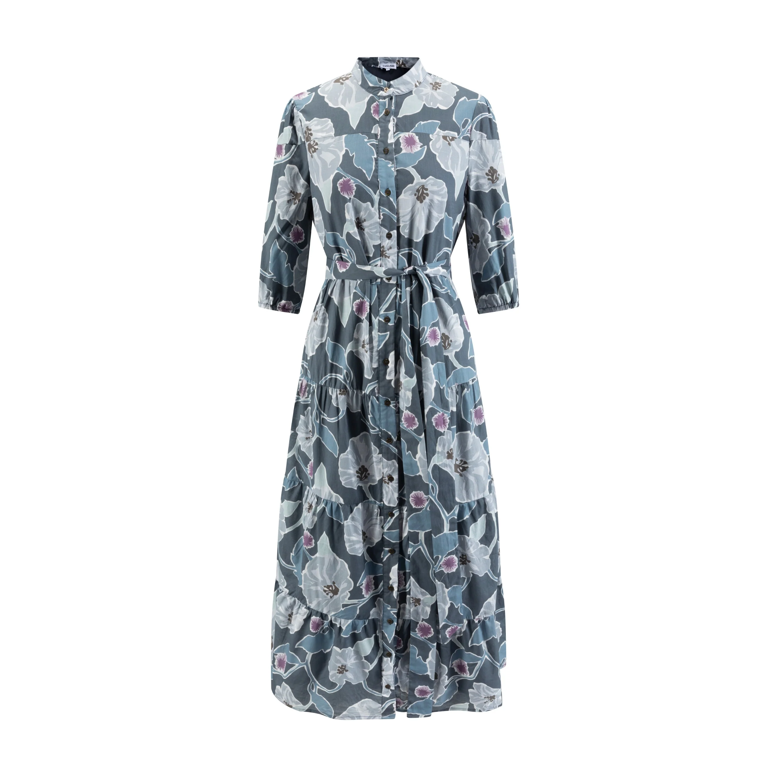 Slate Blue Printed Layered Dress With Belt - Image 2